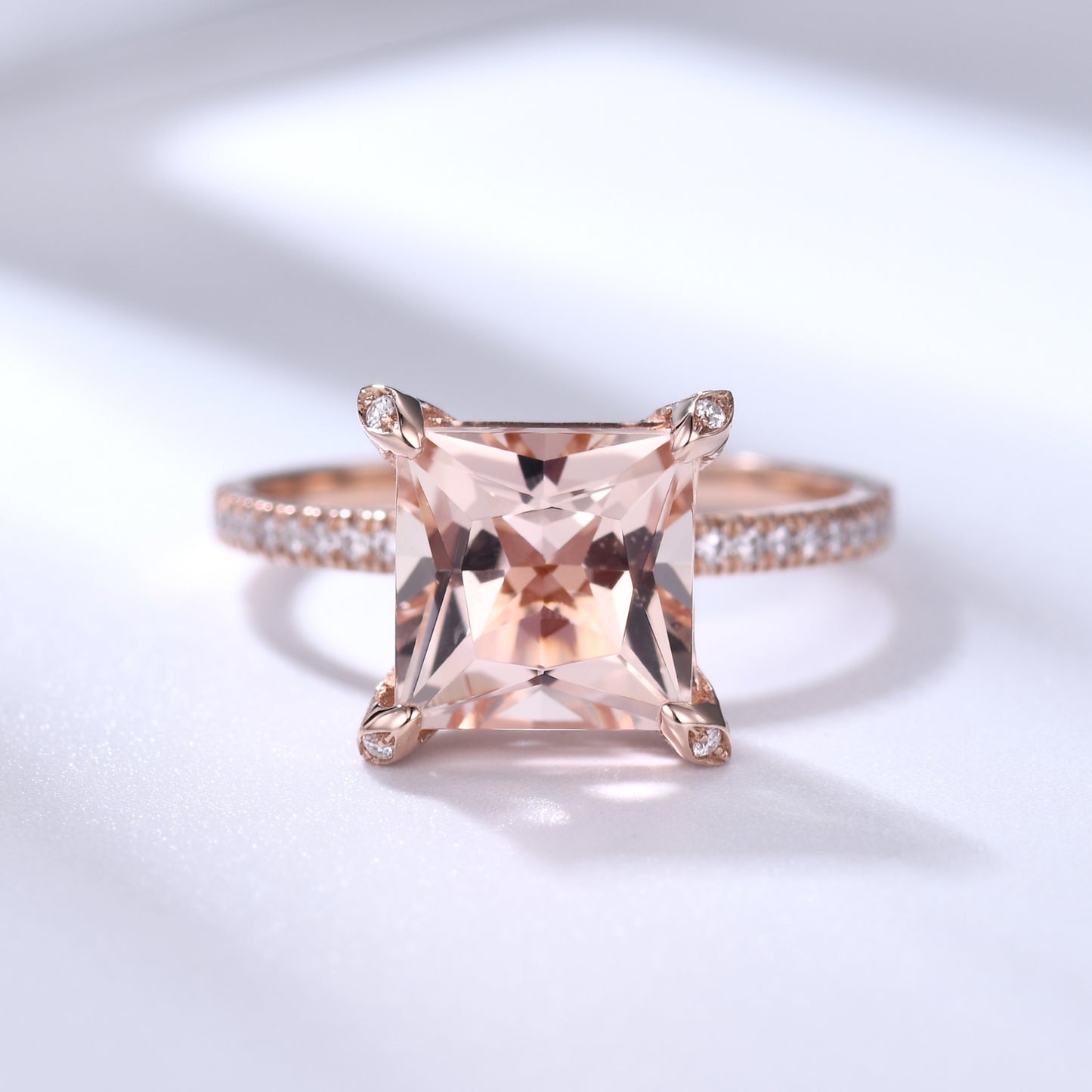 Unique Hidden Halo Princess Cut Morganite Diamond Engagement Ring Rose Gold Basket Setting