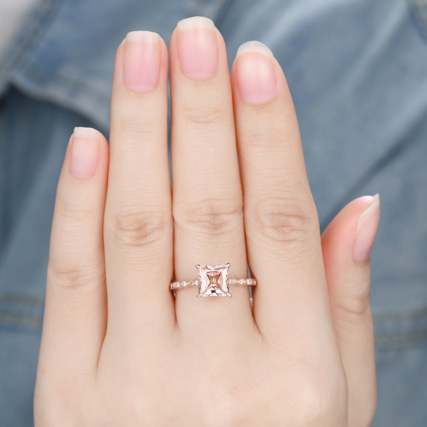 7mm Princess Cut Morganite Engagement Ring Rose Gold Art Deco Milgrain Diamond Band