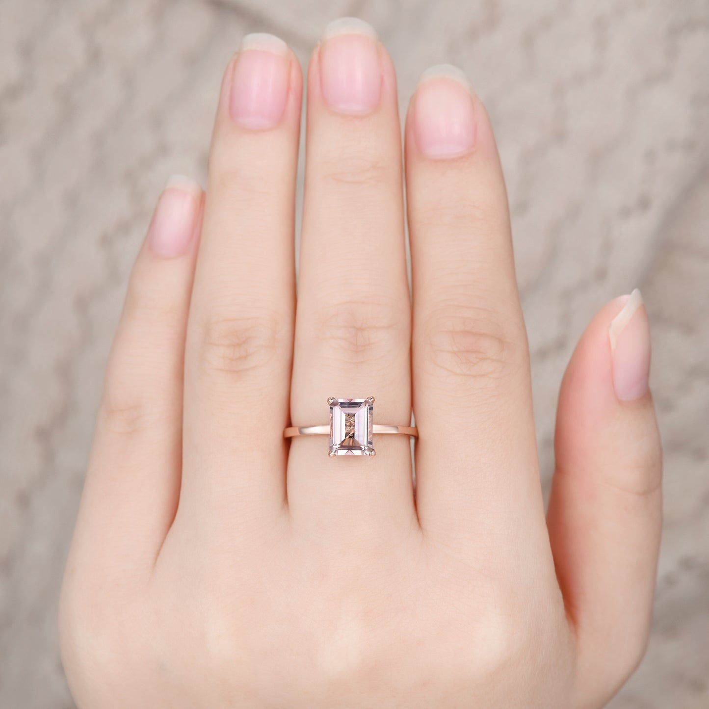 Solitaire 6x8mm Emerald Cut Morganite Engagement Ring Diamond Hidden Halo