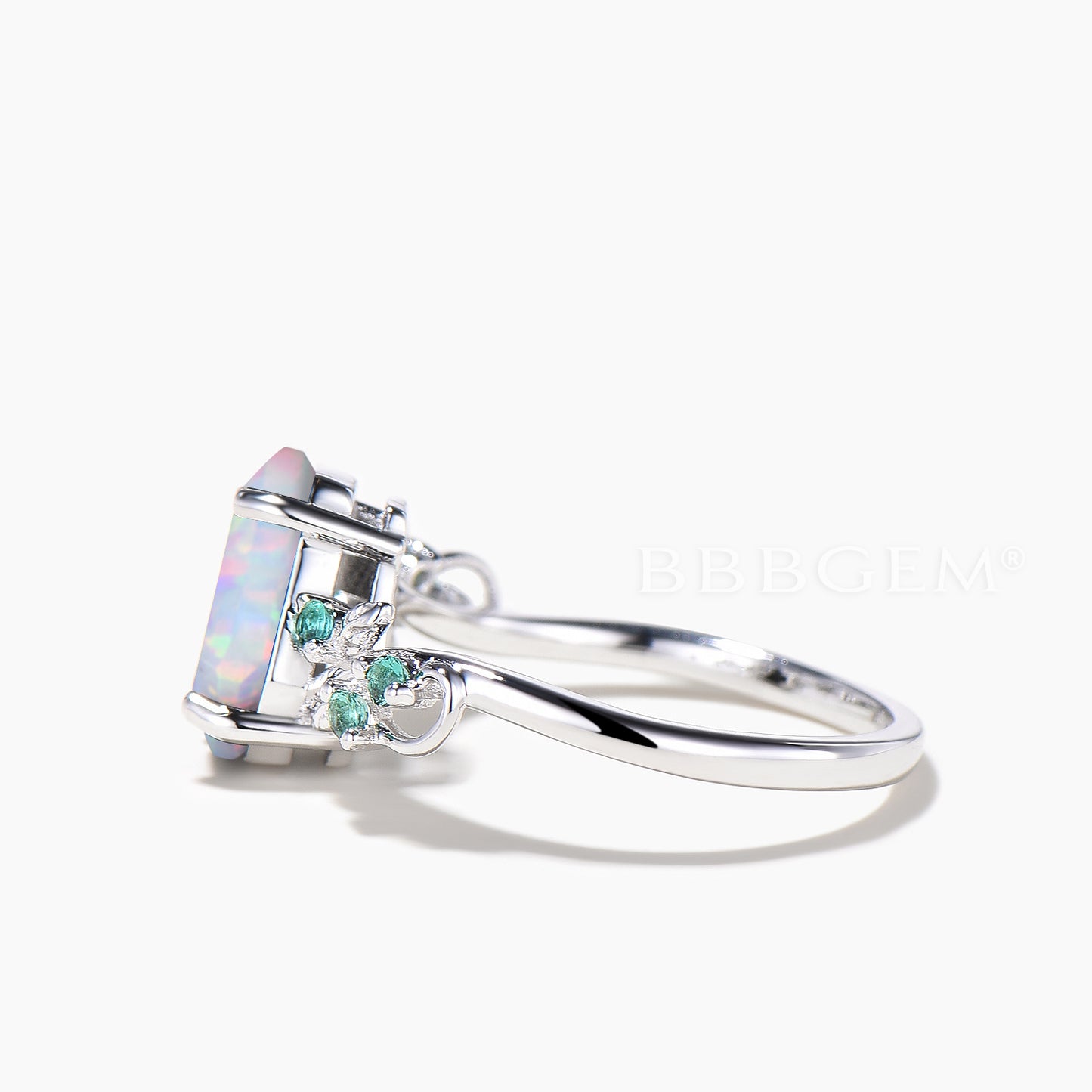Nature Inspired Ring Coffin Cut White Opal Emerald Leaf Engagement Ring