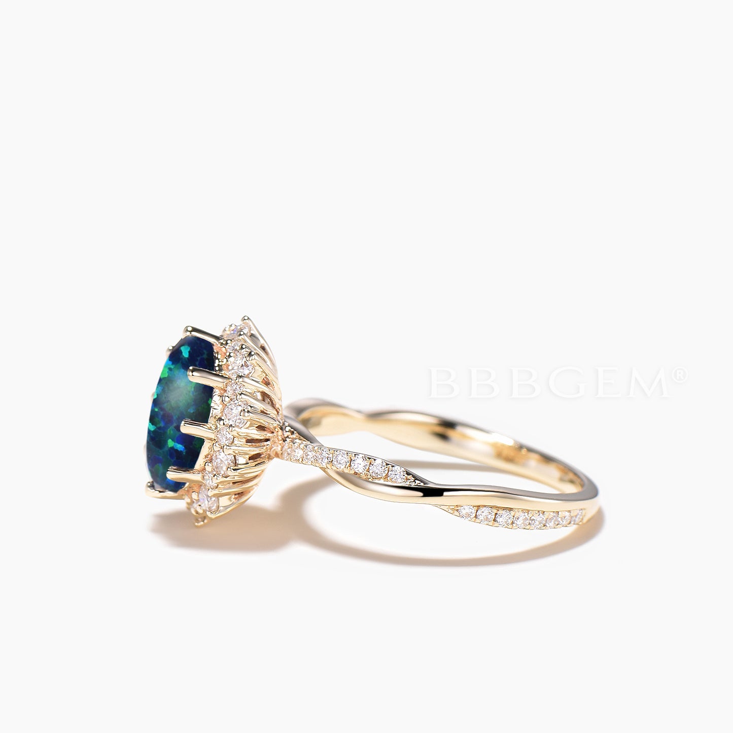 1.5CT Oval Cut Black Opal Engagement Ring Diamond Halo Twisted Ring