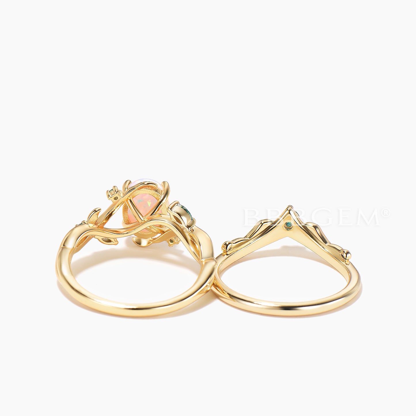 Oval Cut Opal Moss Agate Accent Wedding Ring Emerald Leaf Nature Inpired Ring Set