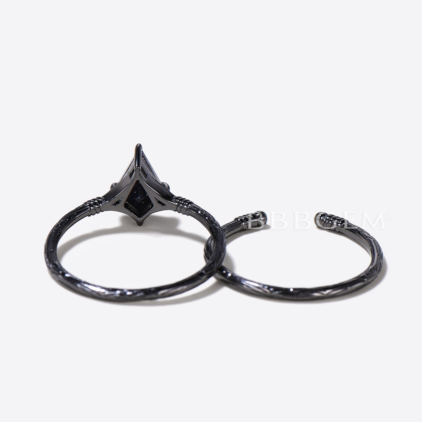 Kite Cut Blue Sandstone Engagement Ring Open Cuff Solitaire Bridal Set