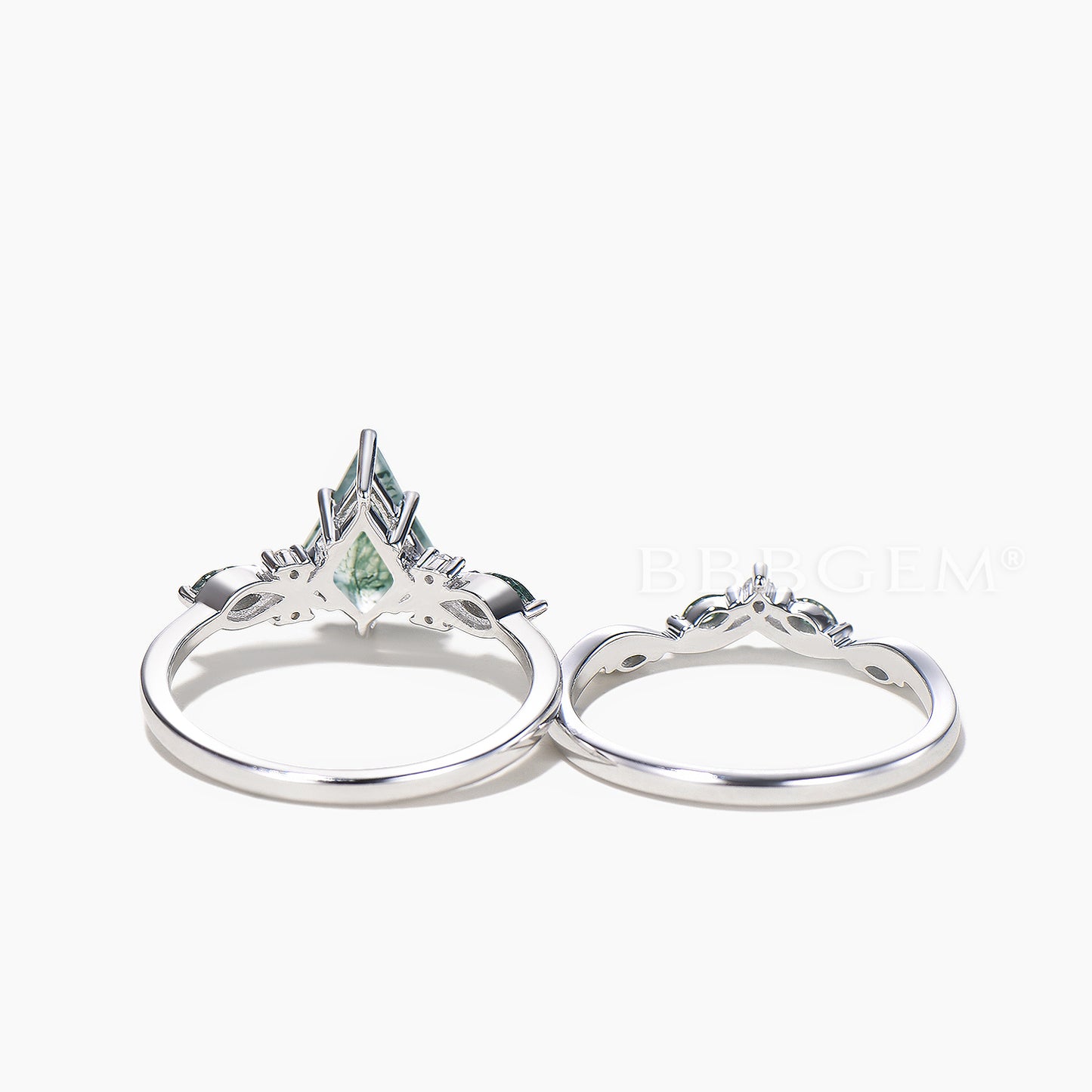 Kite Cut Natural Moss Agate Engagement Ring Agate Diamond Bridal Set