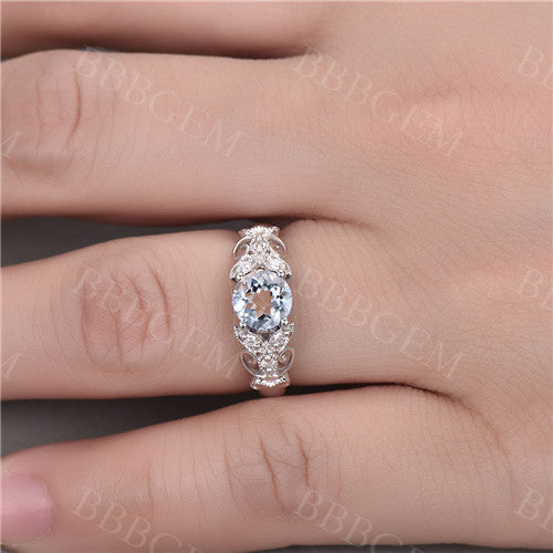 Art Deco Unique Aquamarine Engagement ring vintage floral wedding ring 14k white gold