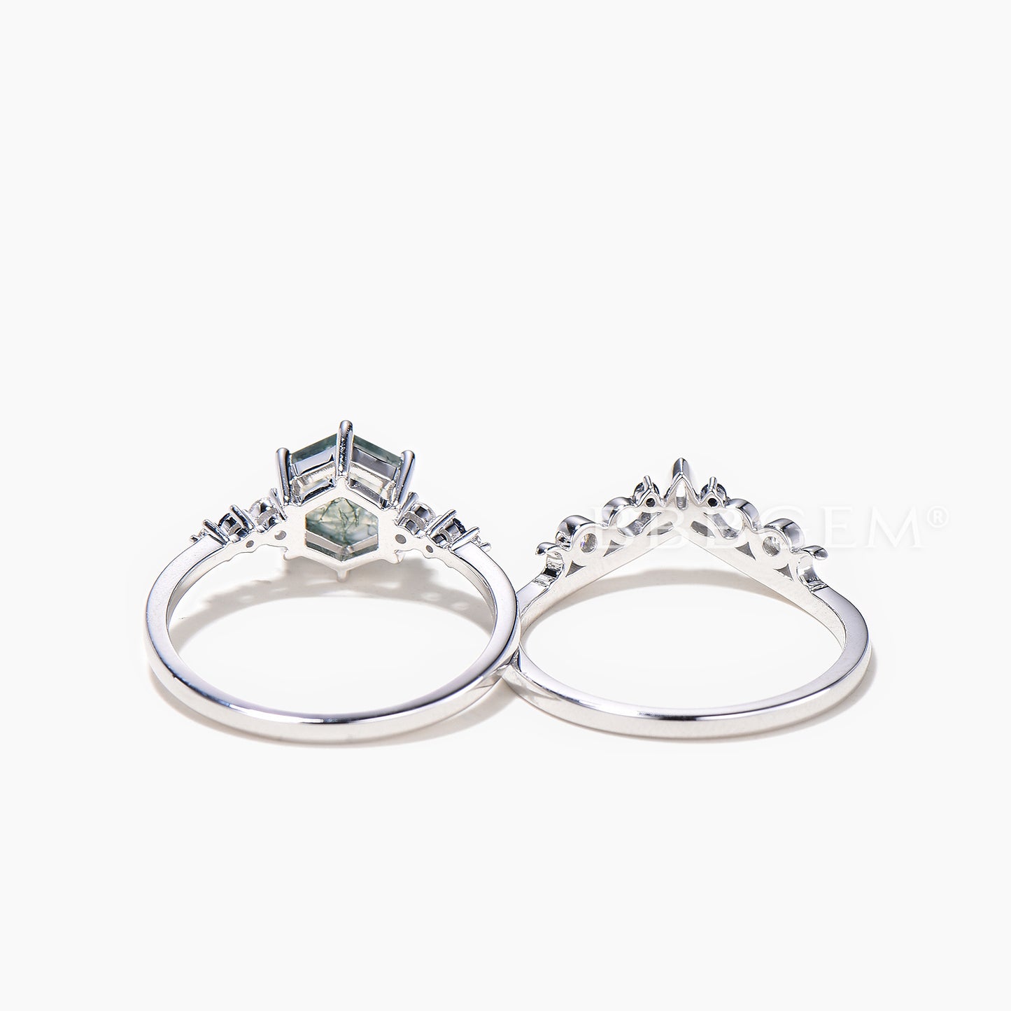 1CT Hexagon Cut Natural Moss Agate Celtic Knot Bridal Set Sandstone Wedding Ring