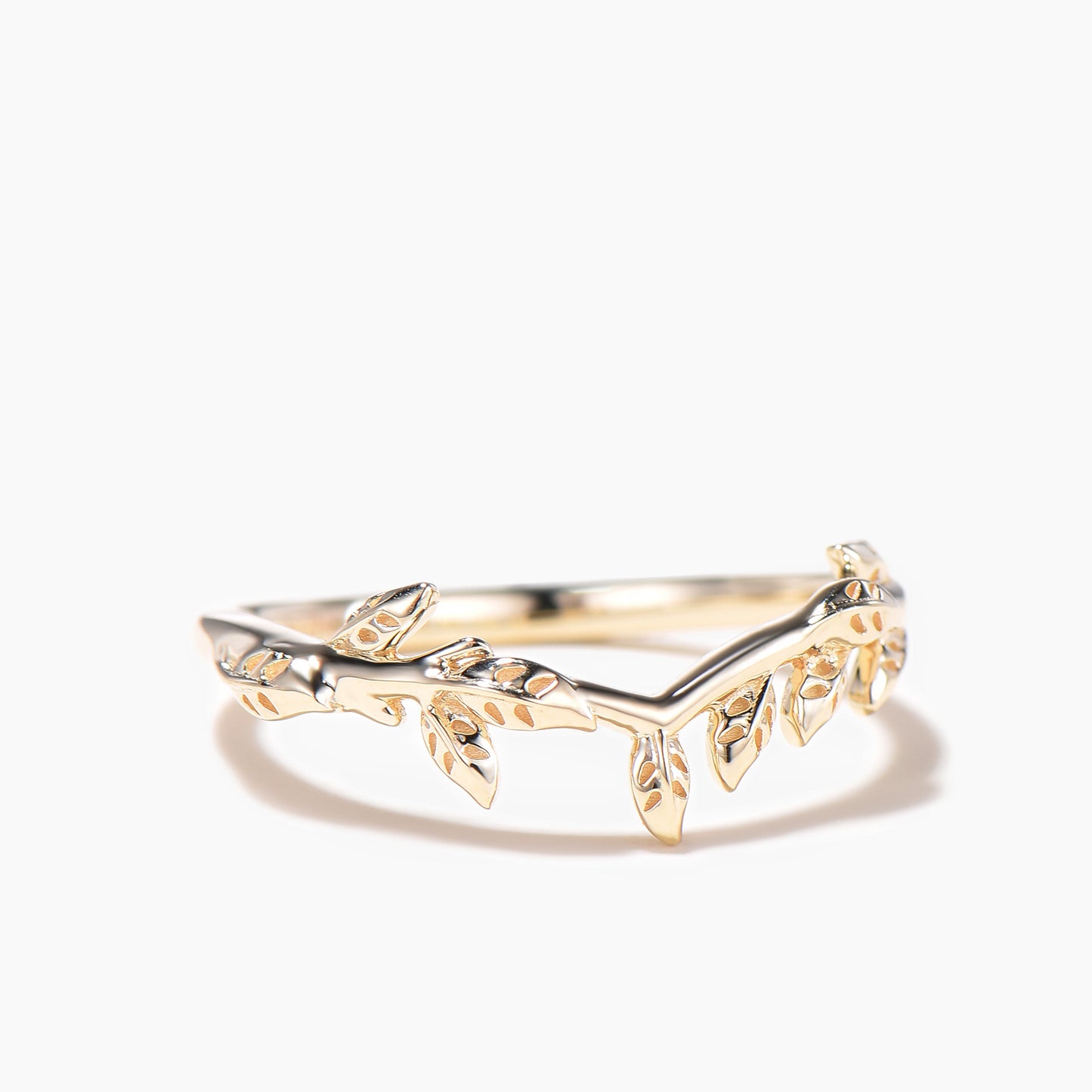 Solid Yellow Gold Leaf Wedding Band Nature Inspired Stacking Matching Band