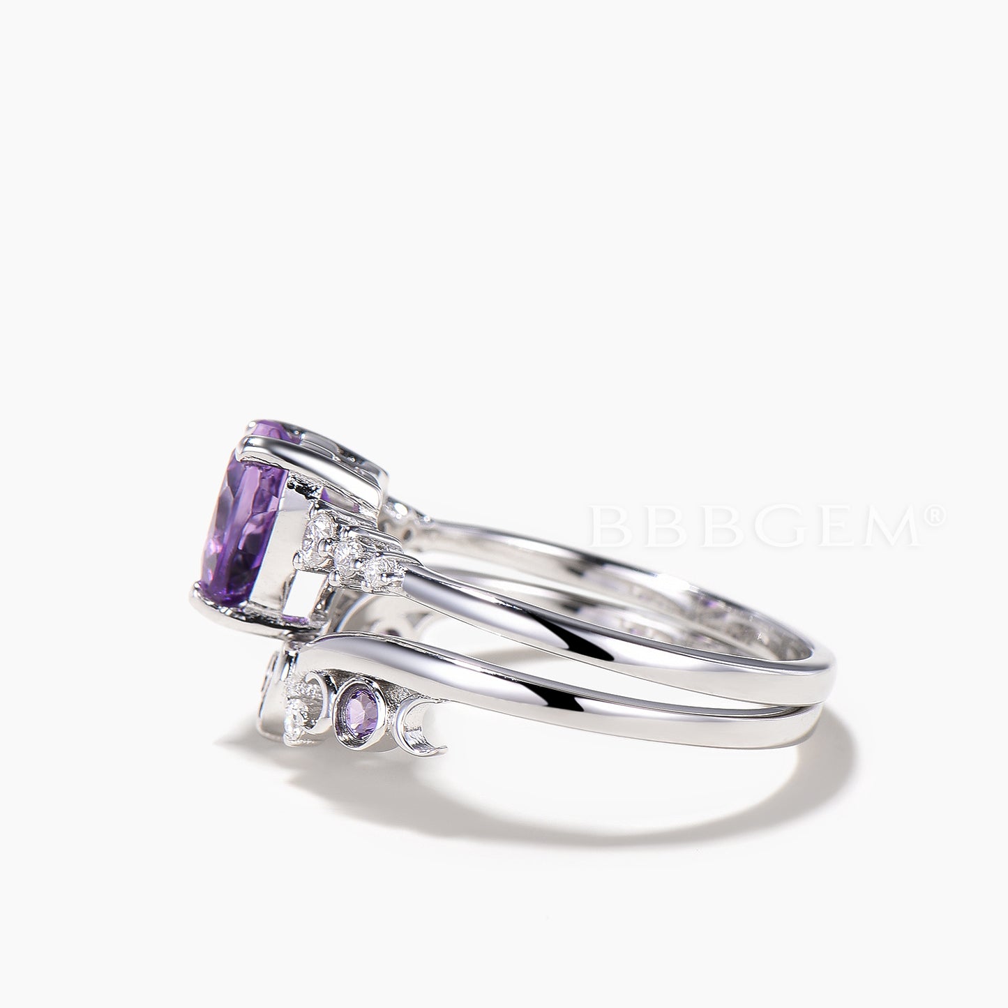 Heart Cut Natural Amethyst Diamond Wedding Bridal Set Amethyst Engagement Ring