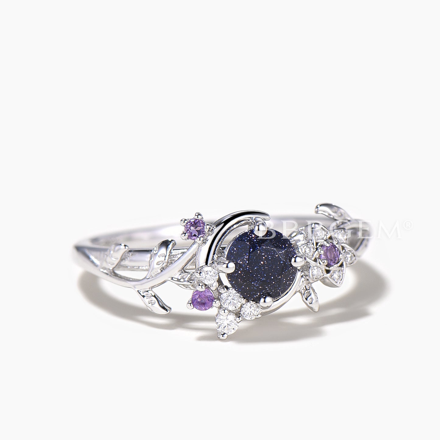 Round Galaxy Blue Sandstone Amethyst Moon Leaf Engagement Ring