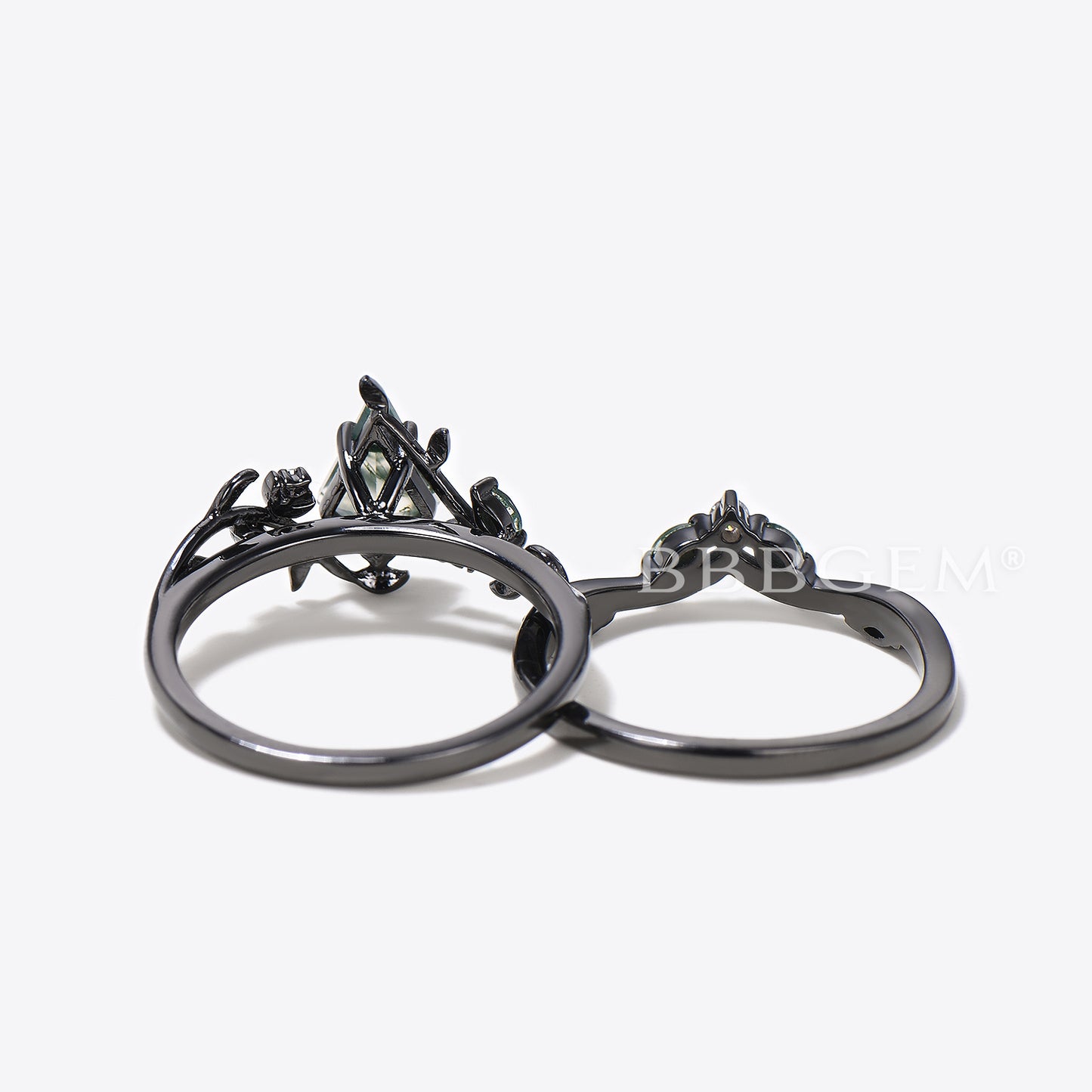 Kite Cut Natural Moss Agate Engagement Ring Leaf Nature Inspired Bridal Set