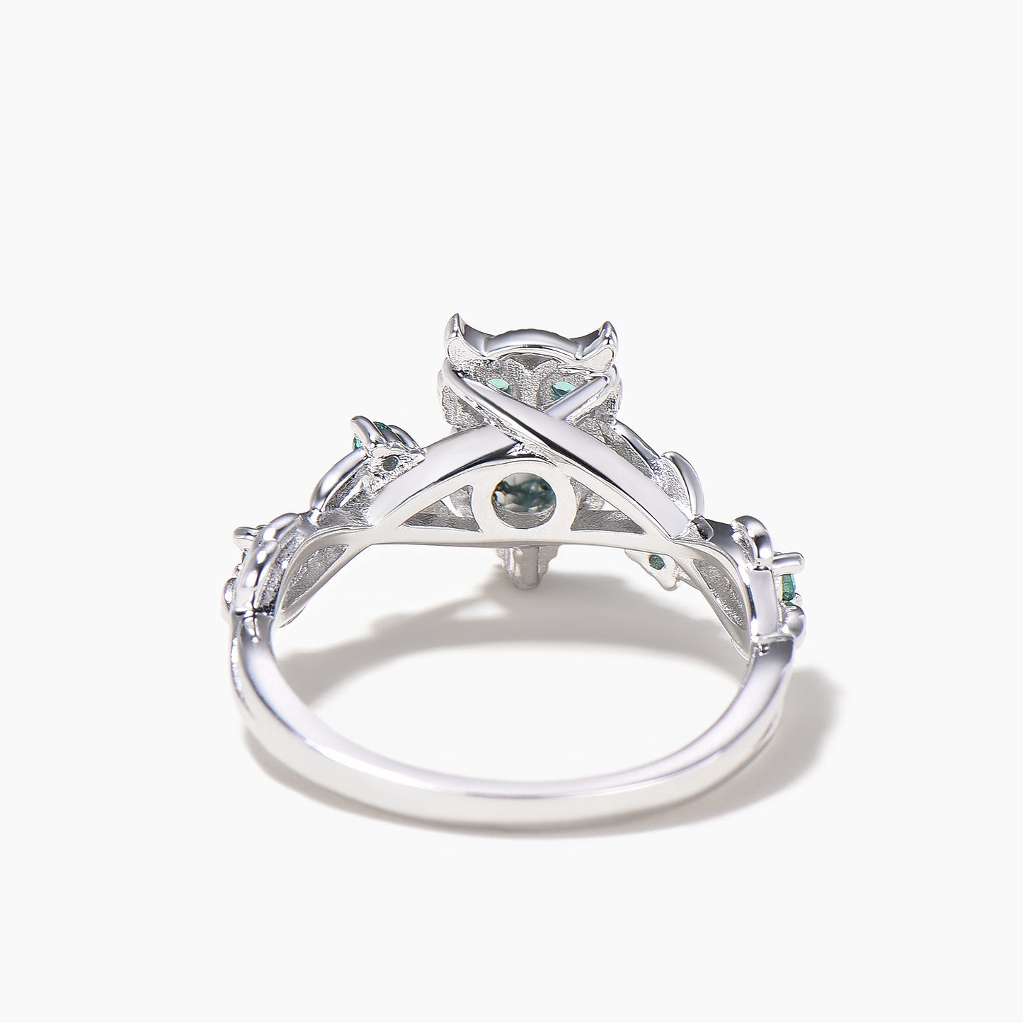 Round Cut Moss Agate Owl Engagement Ring Emerald Leaf Nature Inspired Ring