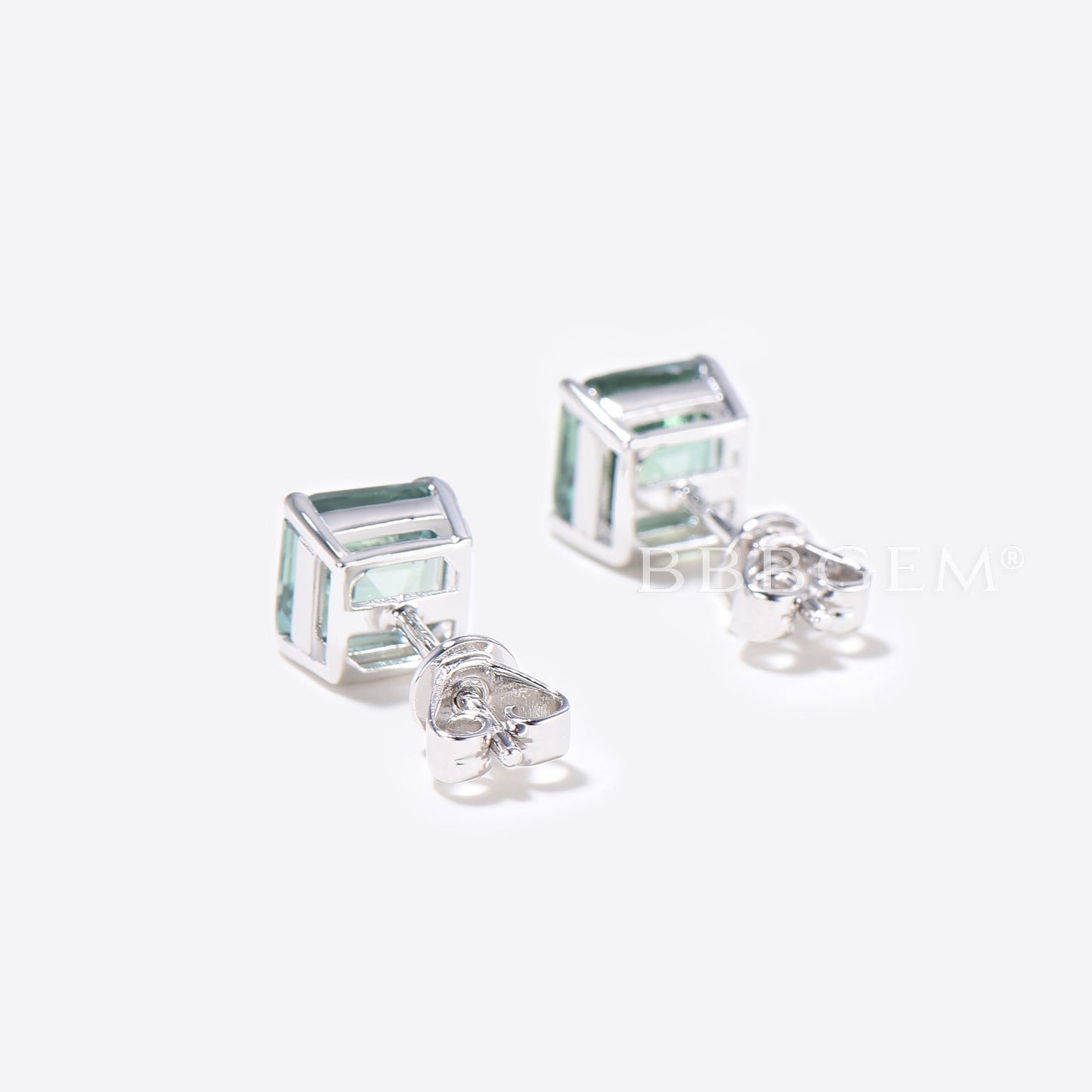 Asscher Cut Green Sapphire studs Earrings Sterling Silver Solitaire Earrings