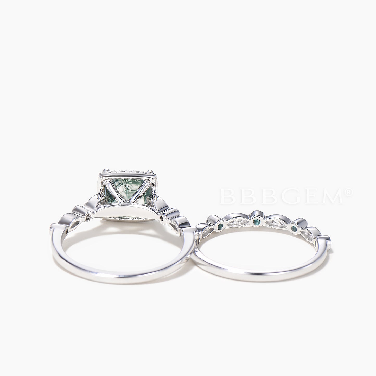 Princess Cut Natural Moss Agate Diamond Halo Ring Emerald Band Bridal Set