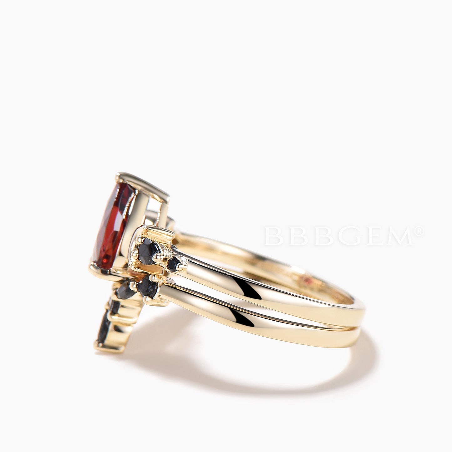 1.25CT Pear Cut Natural Garnet Engagement Ring Black Spinel Celetial Ring Set