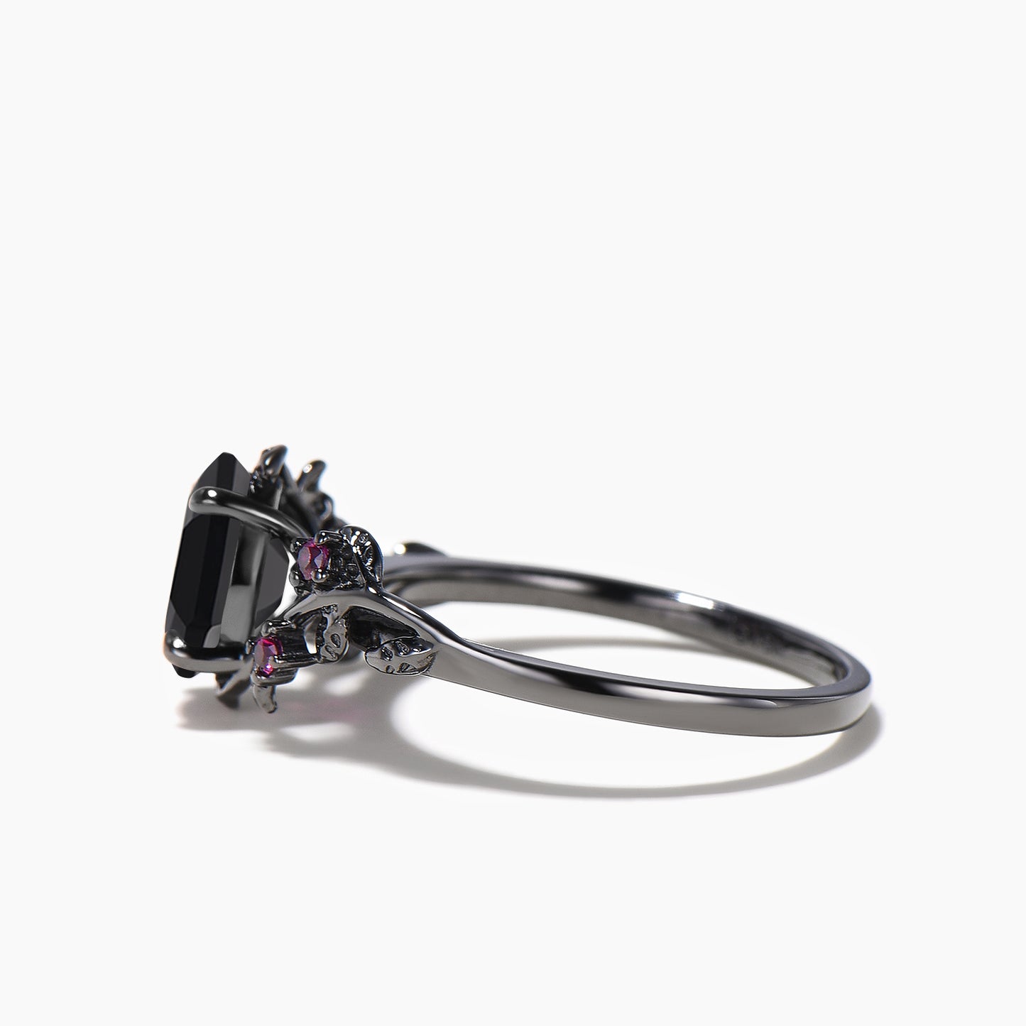 1.5ct Oval Cut Natural Black Onyx Black Gold Wedding Ring Ruby Leaf Nature Inspired Ring