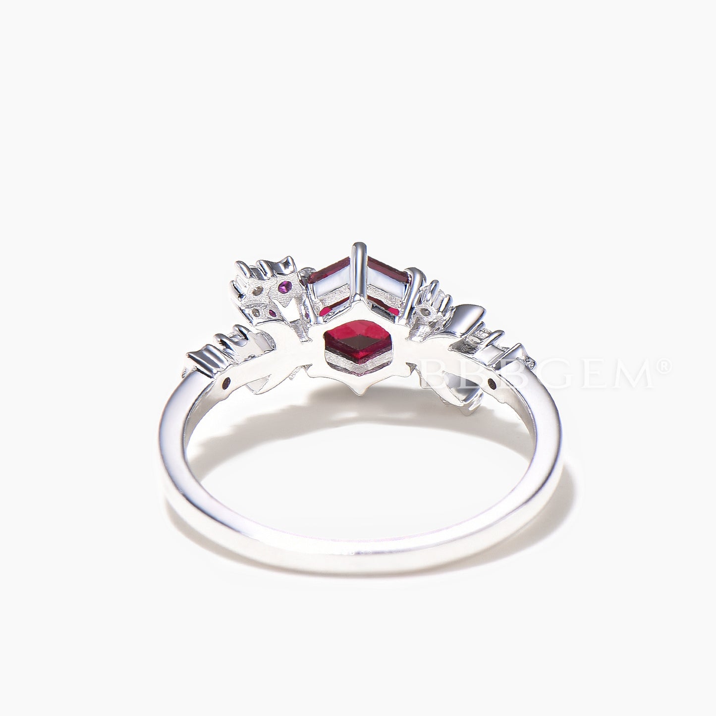 Hexagon Cut Ruby Engagement Ring Diamond Celestial Wedding Ring