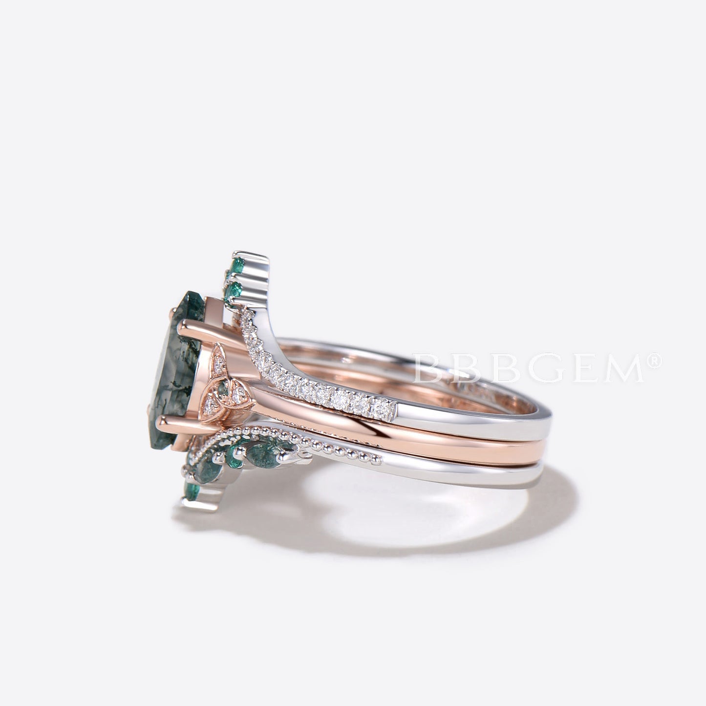 3pc Marquise Cut Natural Moss Agate Celtic Knot Diamond Ring Bridal Set