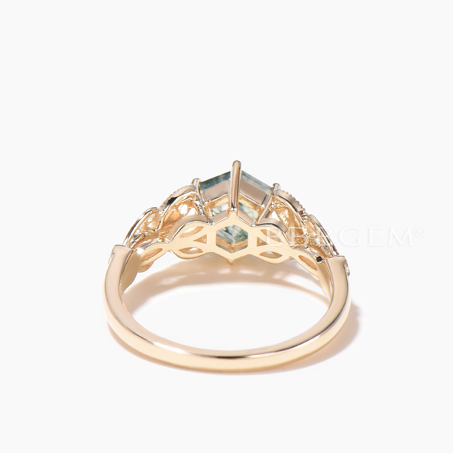 Hexagon Cut Natural Moss Agate Engagement Ring Milgrain Opal Art Deco Ring