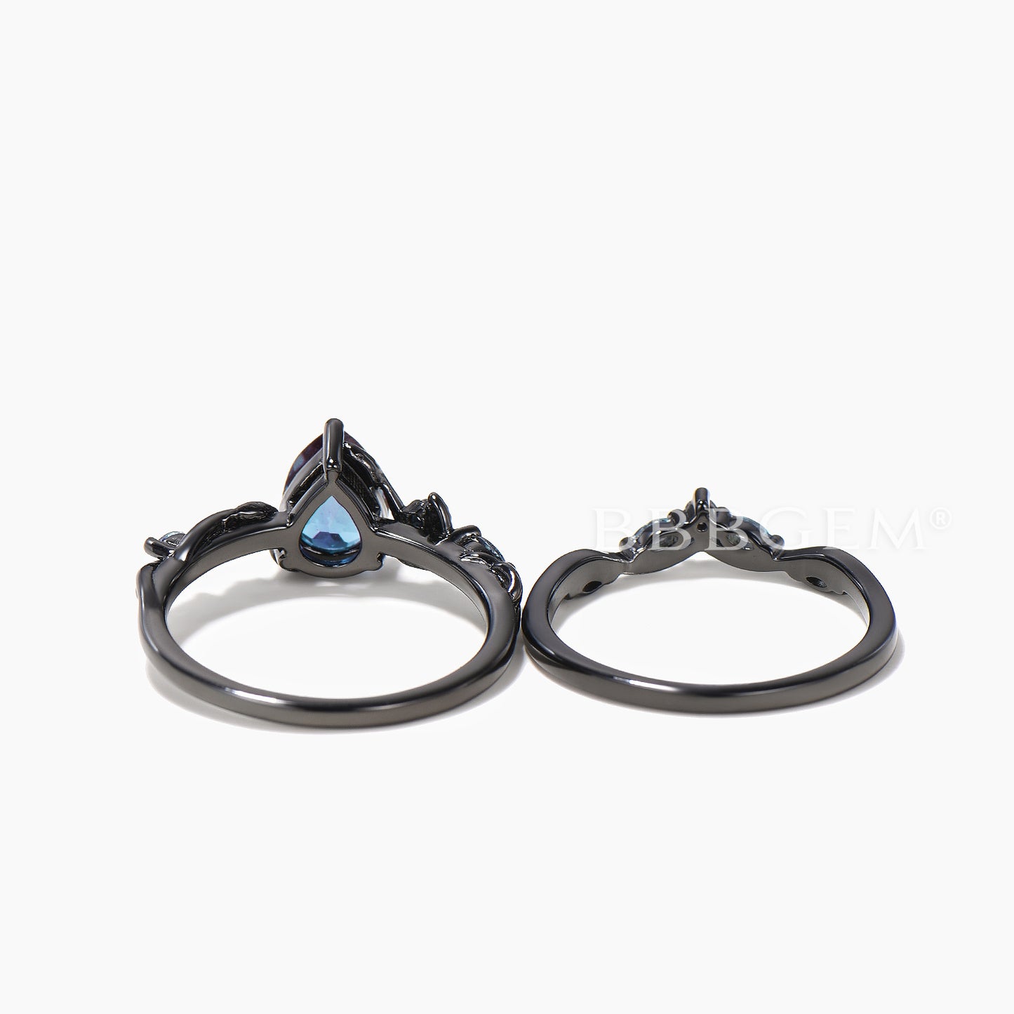 Teardrop Color-change Alexandrite Nature Inspired Bridal Set Black Gold Twisted Ring