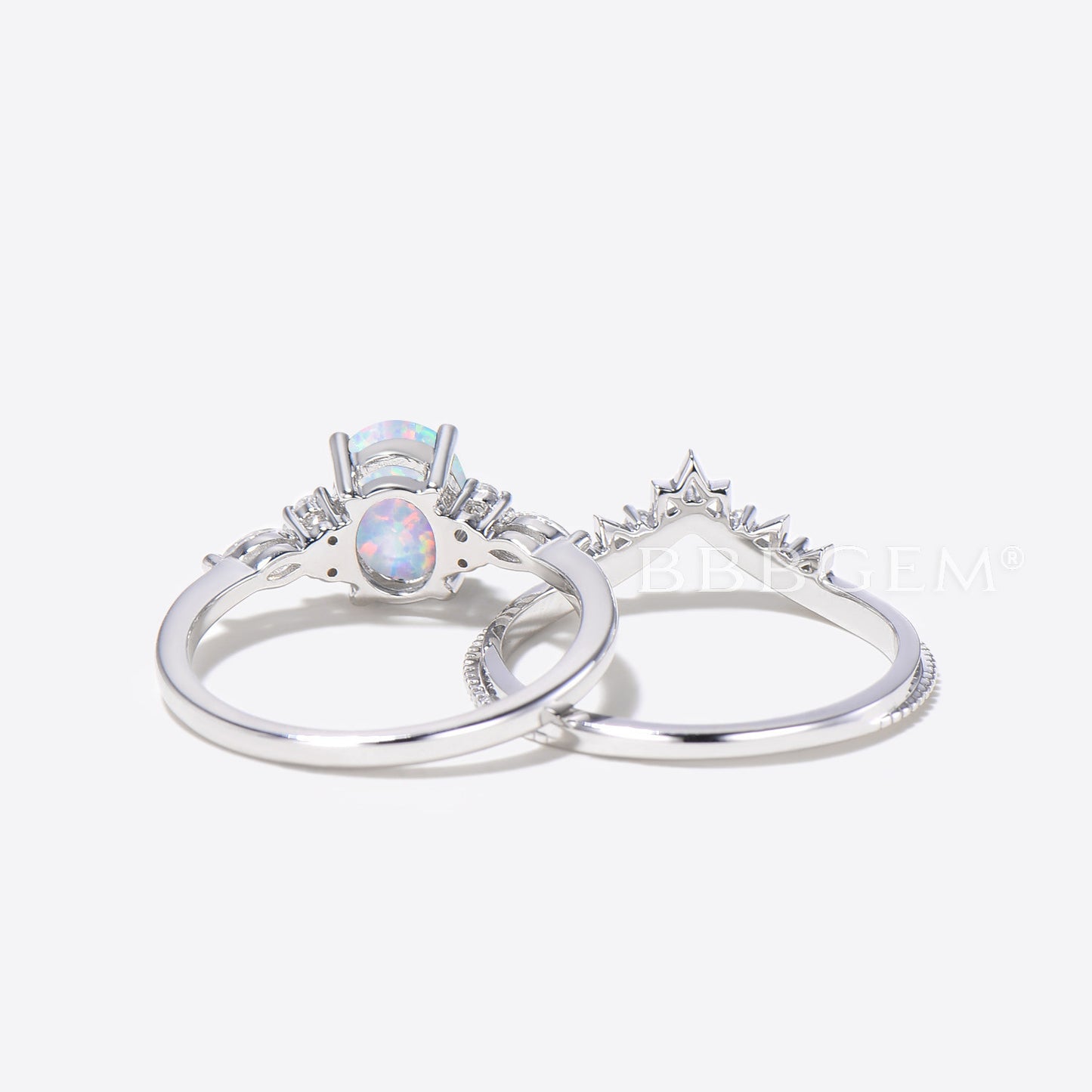 1.5ct Oval Cut White Opal Engagement Ring Diamond Cluster Crown Bridal Set