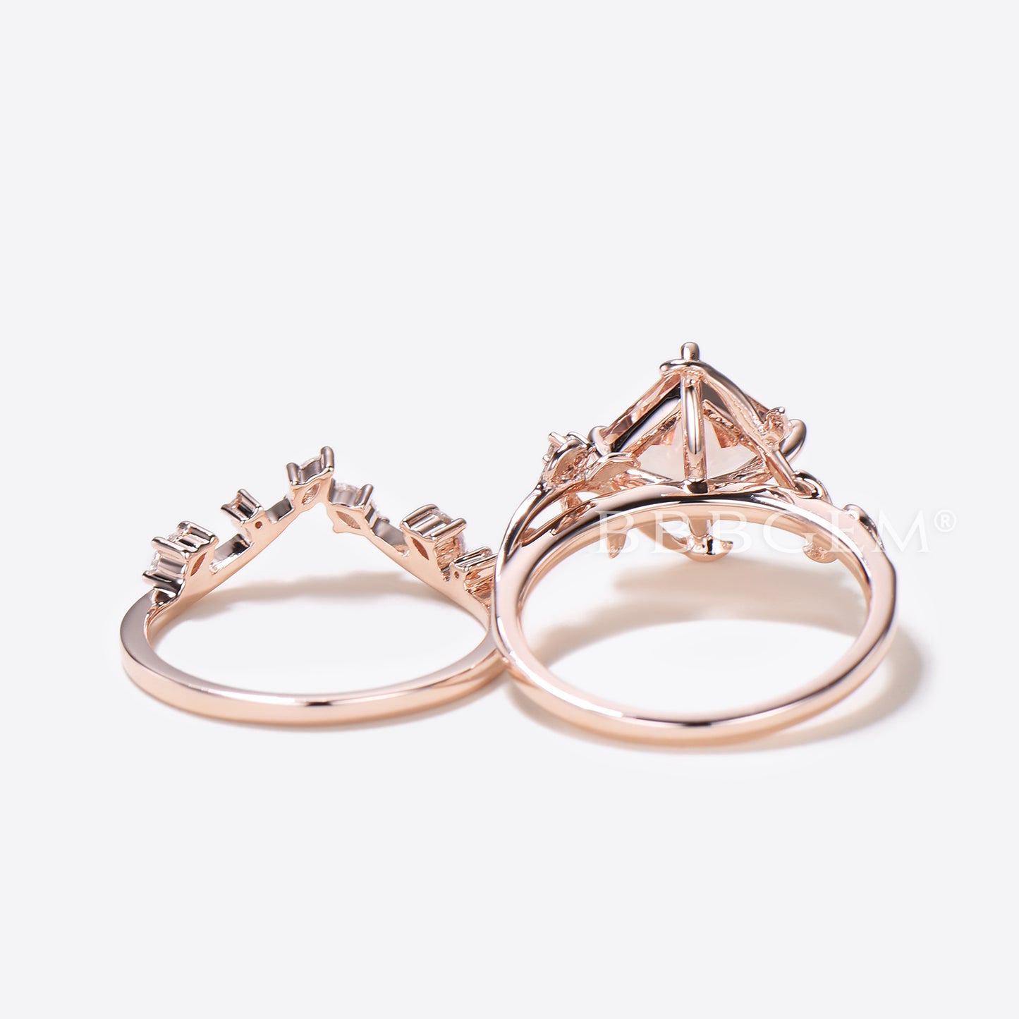 Princess Cut Morganite Leaf Engagement Ring Diamond Nature Inspired Bridal Set