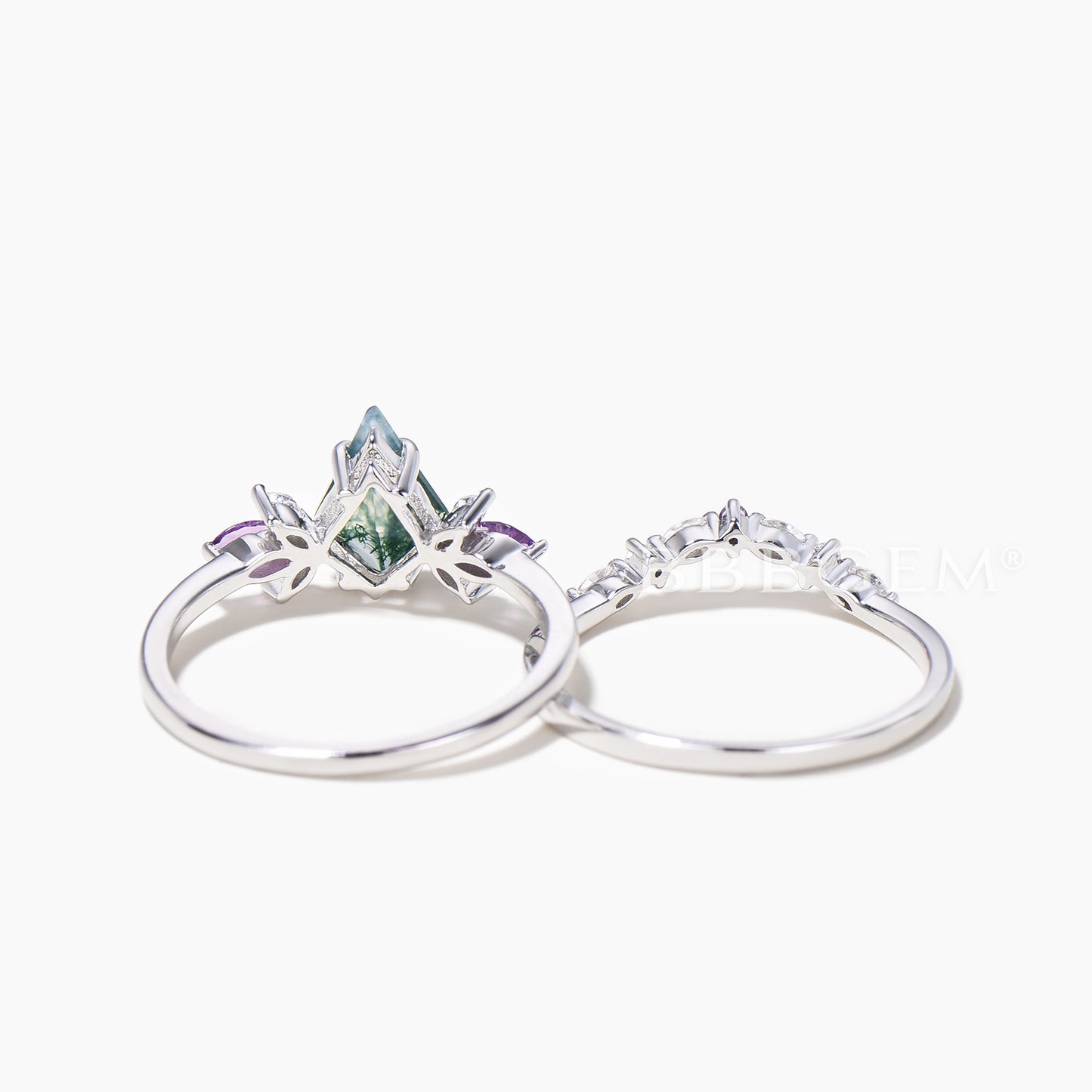Natural Moss Agate Kite Bridal Ring Cluster Moissanite Amethyst Matching Band