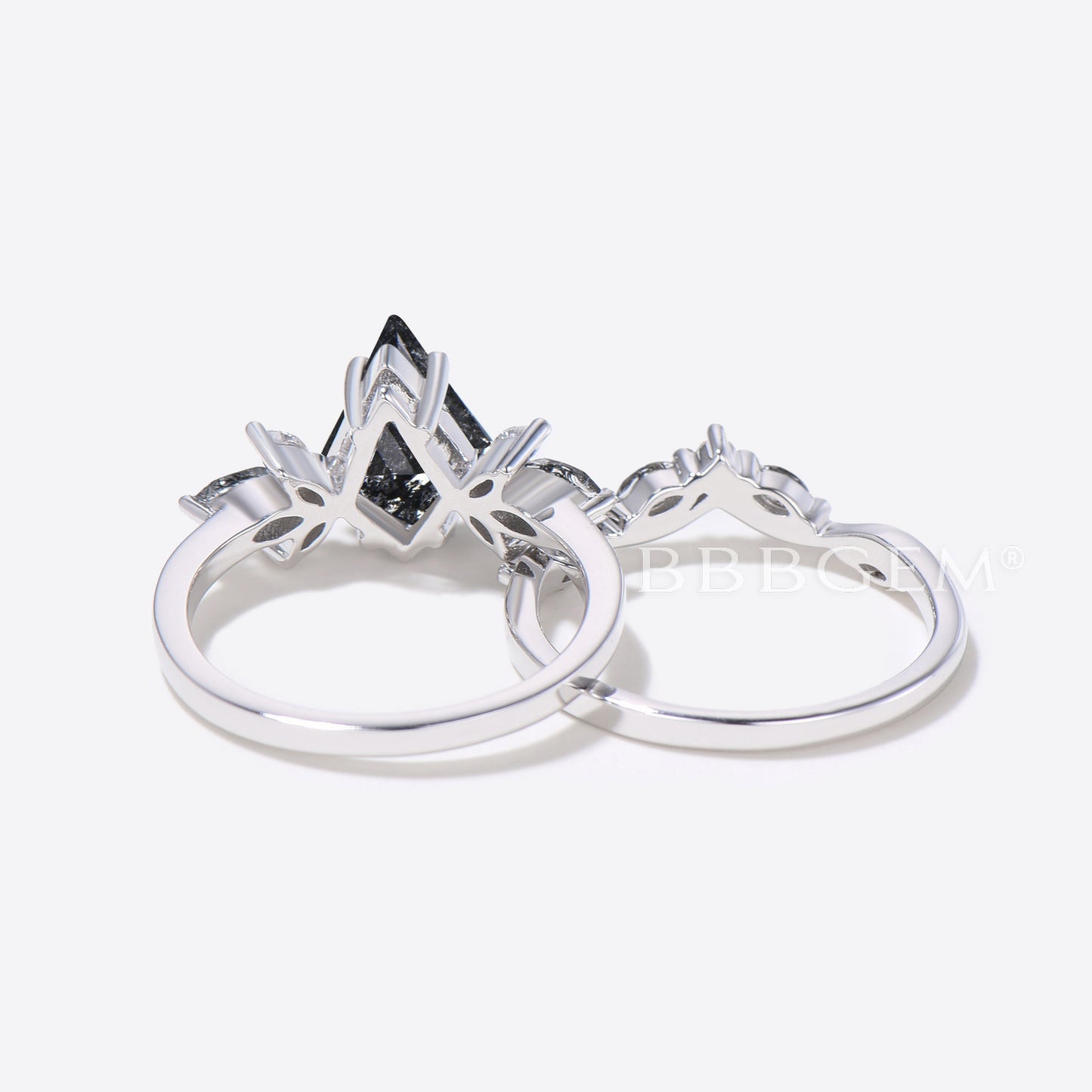 Kite Cut Natural Salt and Pepper Diamond Black Rutilated Quartz Cluster Bridal Ring Set