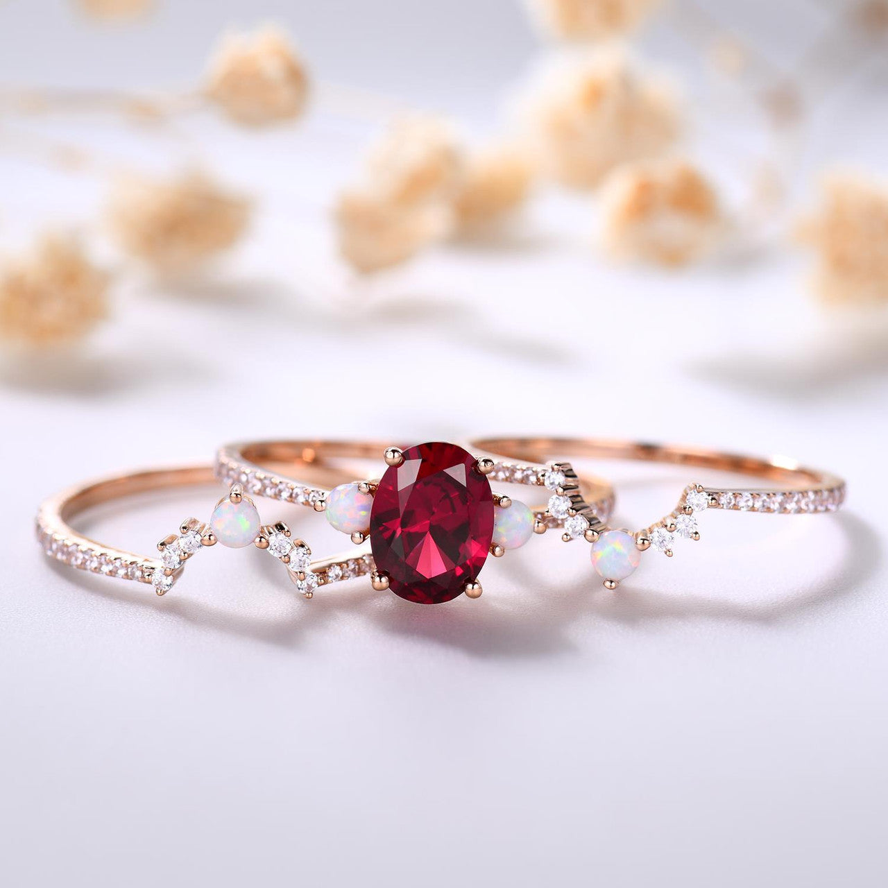3 piece engagement ring set-ruby ring for women-3pcs ruby opal engagement ring set gold-BBBGEM Ruby Jewelry