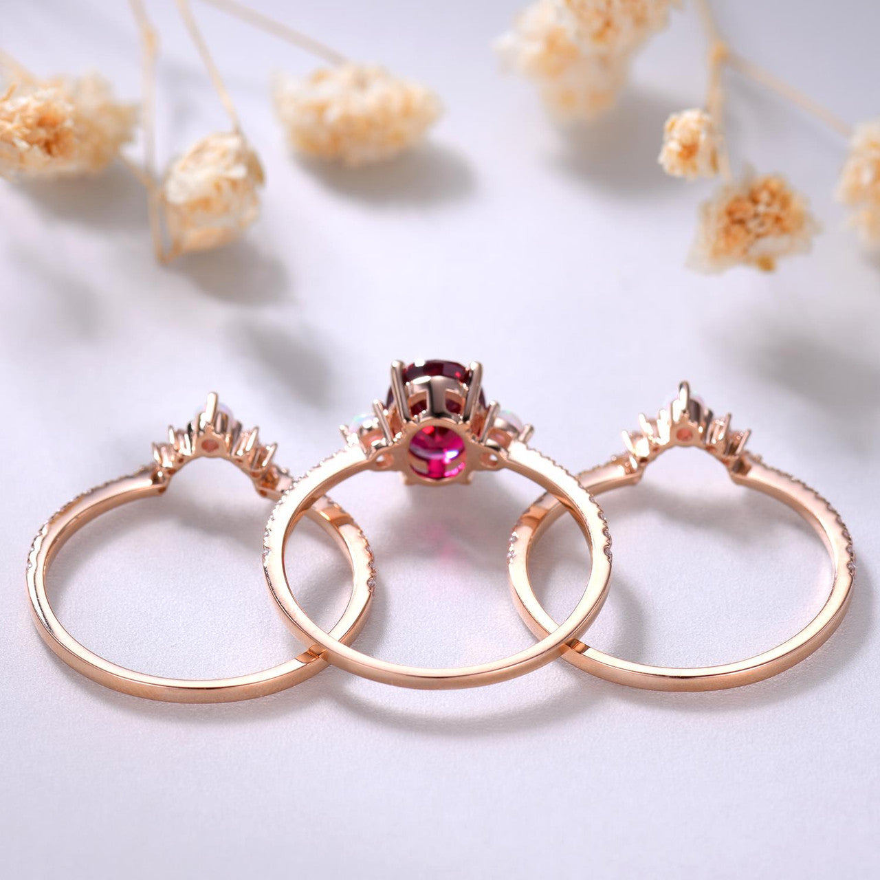 3 piece engagement ring set-ruby ring for women-3pcs ruby opal engagement ring set gold-BBBGEM Ruby Jewelry