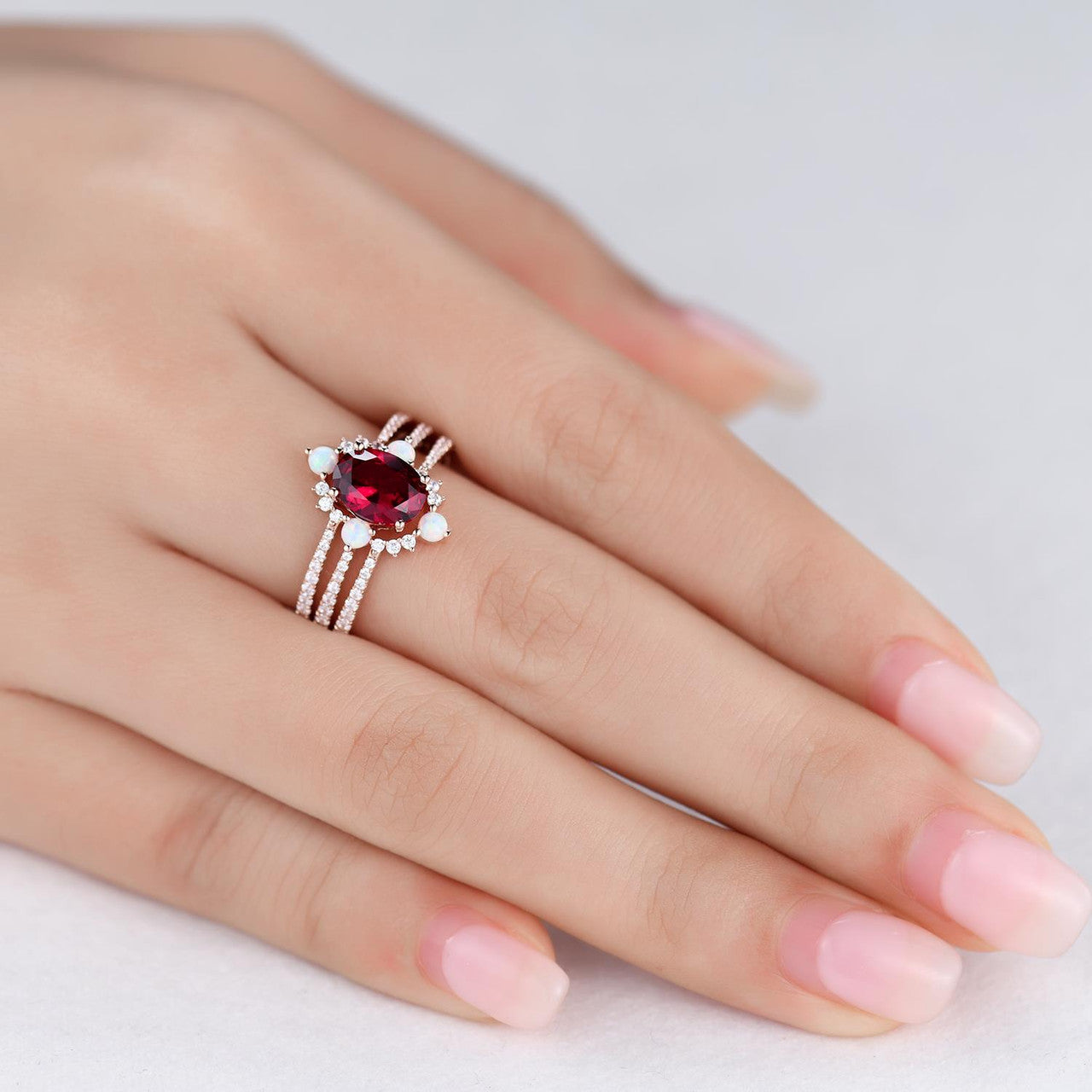 3 piece engagement ring set-ruby ring for women-3pcs ruby opal engagement ring set gold-BBBGEM Ruby Jewelry