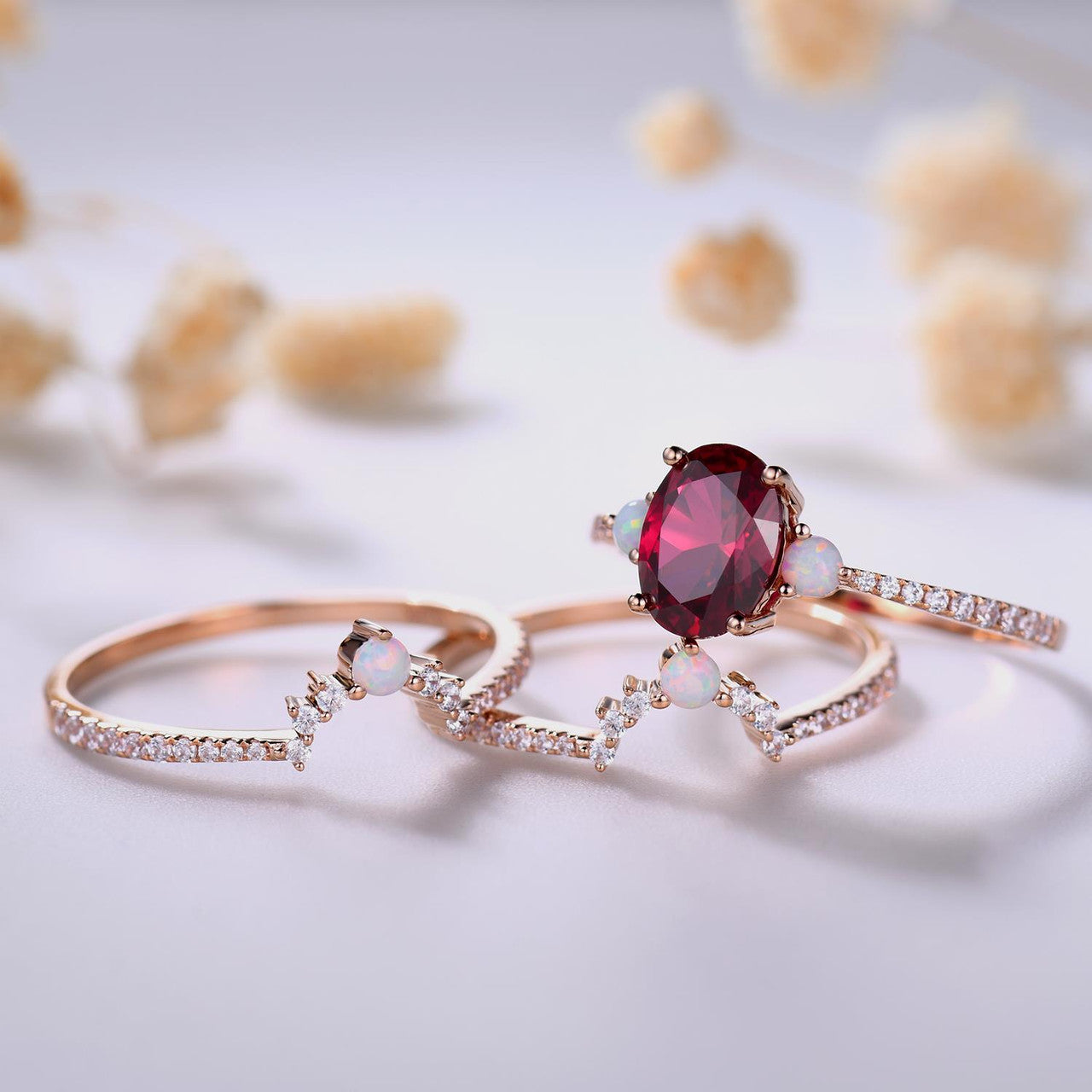 3 piece engagement ring set-ruby ring for women-3pcs ruby opal engagement ring set gold-BBBGEM Ruby Jewelry