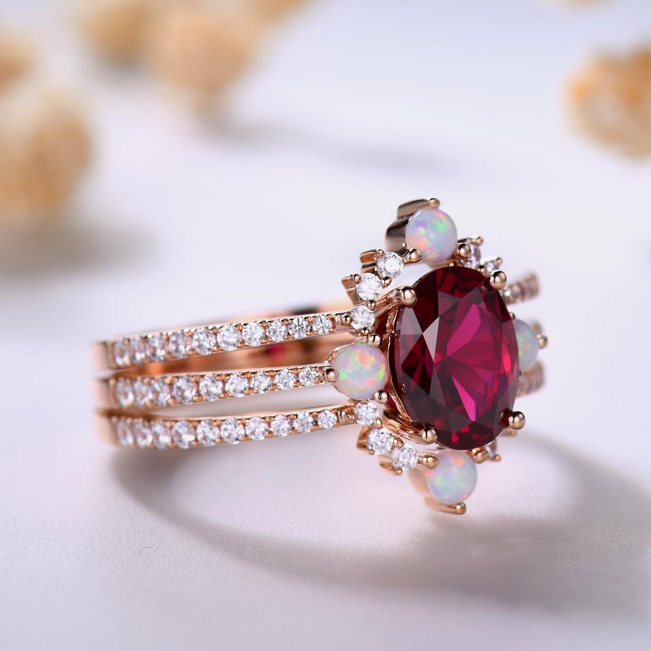 3 piece engagement ring set-ruby ring for women-3pcs ruby opal engagement ring set gold-BBBGEM Ruby Jewelry