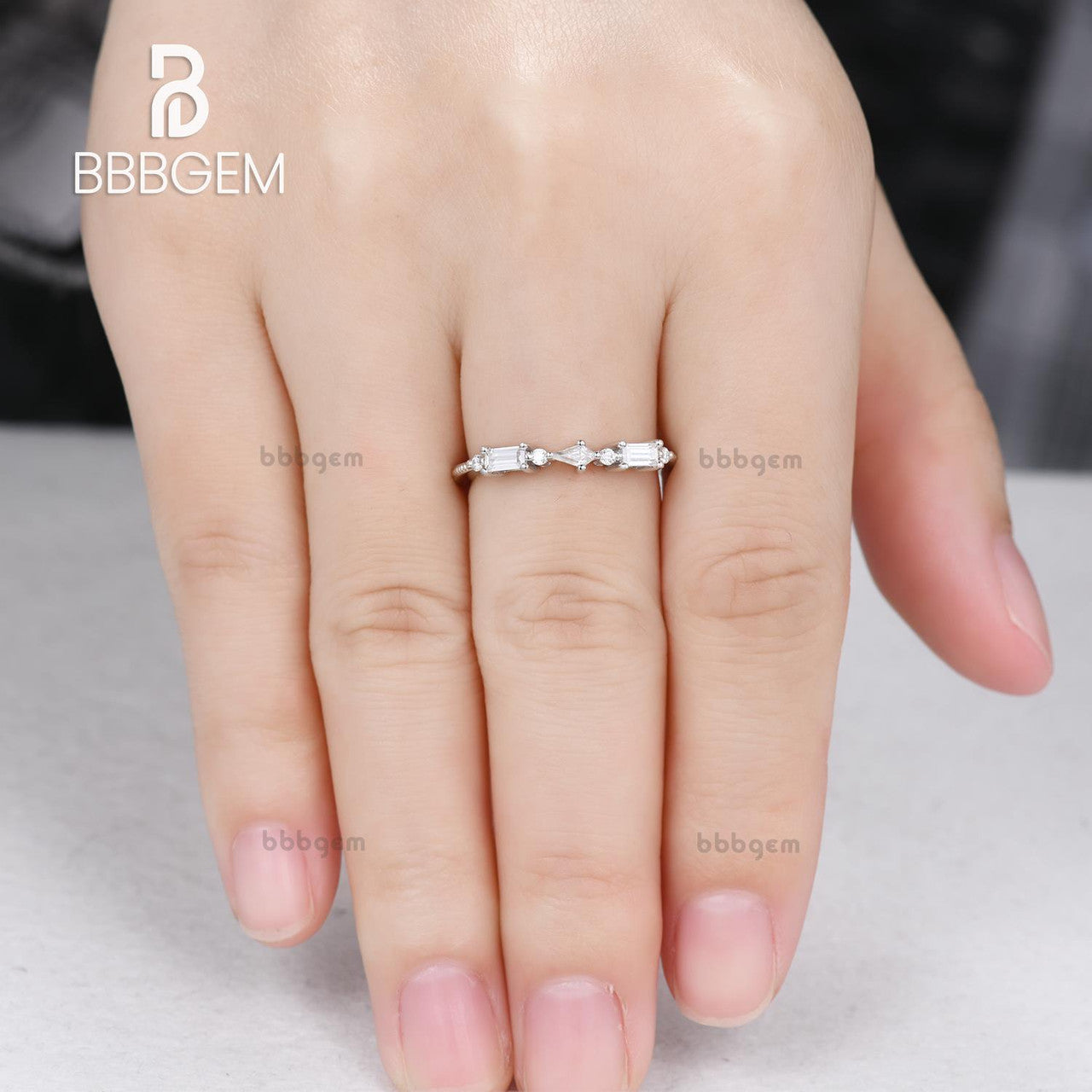 3 stone ring moissanite-baguette & kite cut moissanite band-east to west moissanite anniversary ring-bbbgem women ring