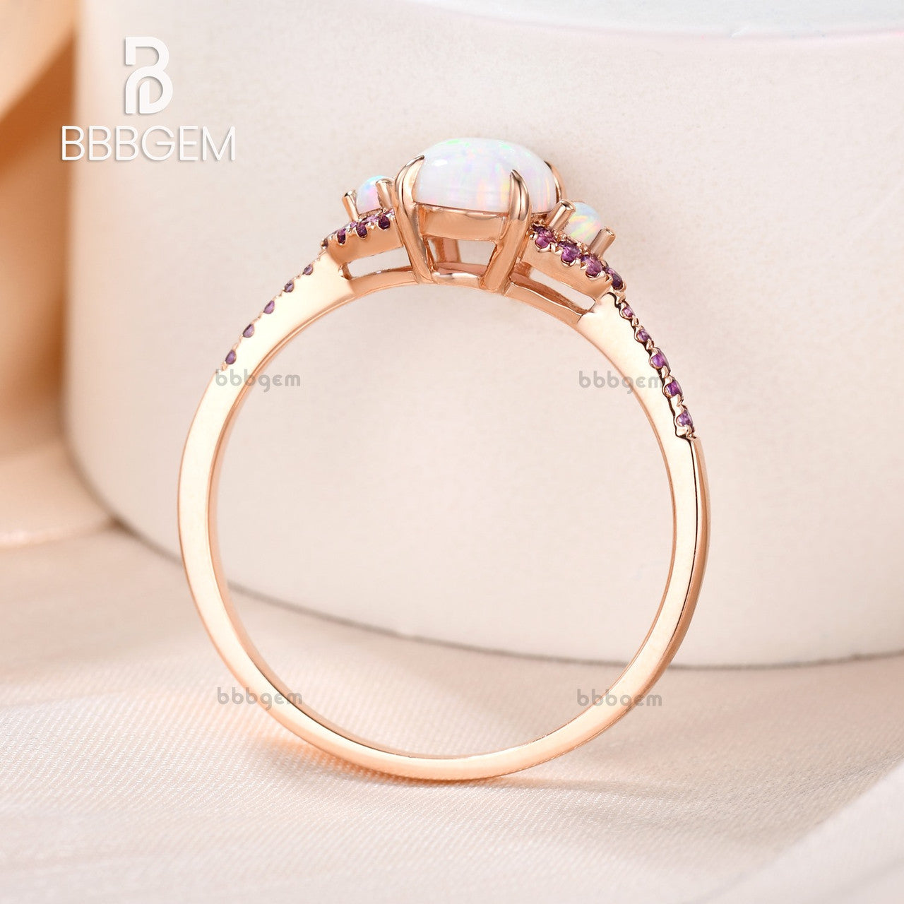 3 stone white opal amethst accents engagement ring-rose gold lab opal women wedding ring