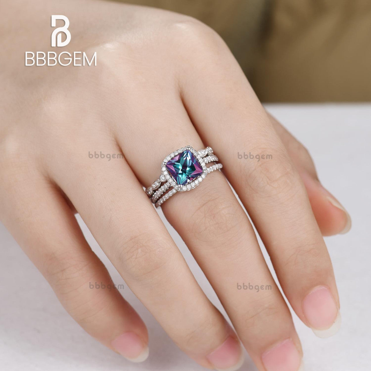 3pcs Princess Cut Alexandrite And Diamond Engagement Ring Set Basket Prong Set White Gold