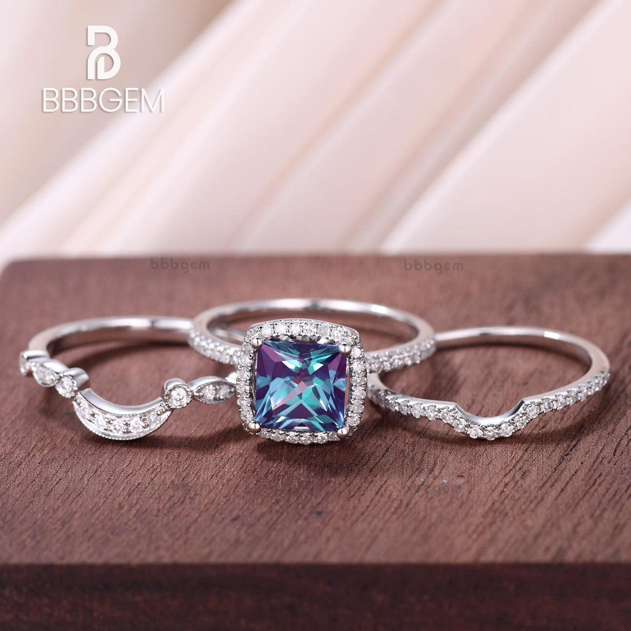 3pcs Princess Cut Alexandrite And Diamond Engagement Ring Set Basket Prong Set White Gold