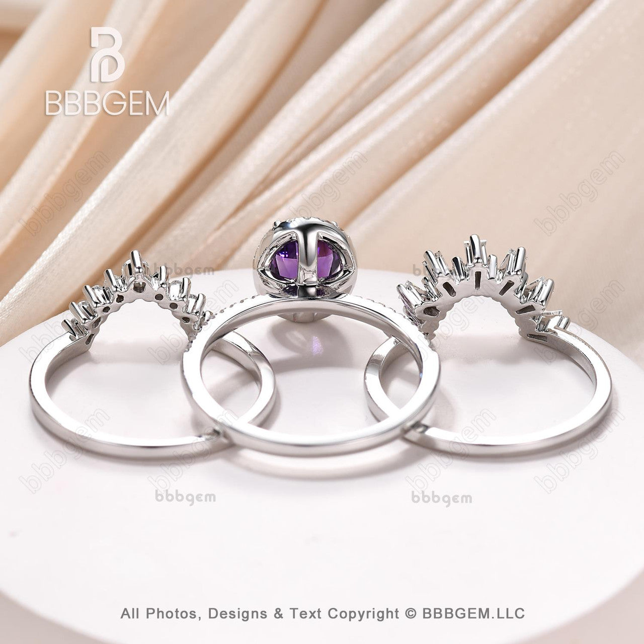 3pcs Vintage Oval Cut Purple Natural Amethyst Bridal Set Diamond Wedding Band Cocktail Ring White Gold