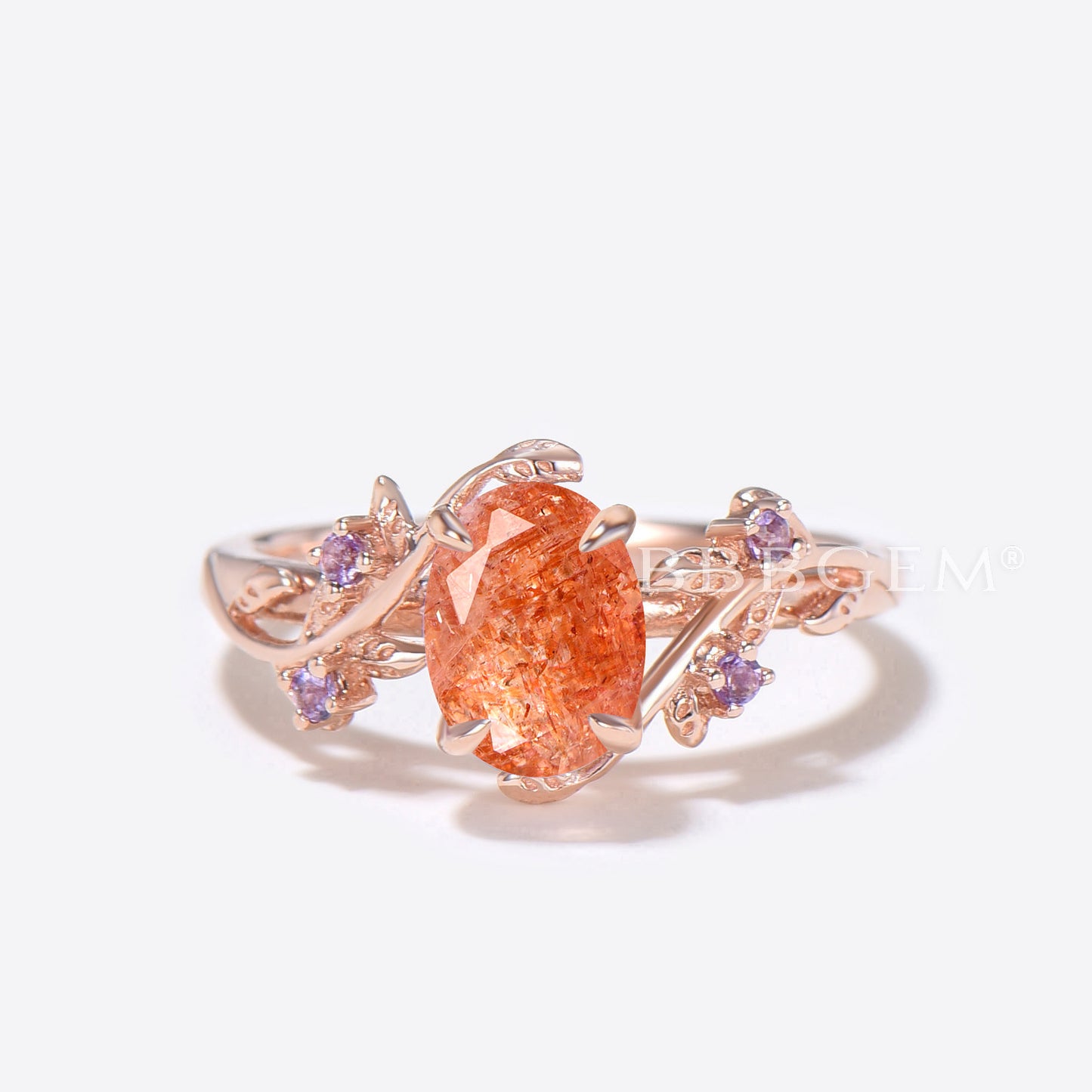 Leaf Oval Sunstone Engagament Ring Rose Gold Enhancer Guard Ring Set