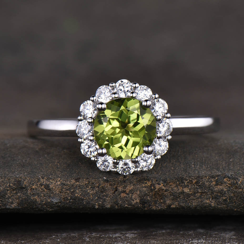 Peridot Band Ring-BBBGEM Halo Moissanite Peridot Ring