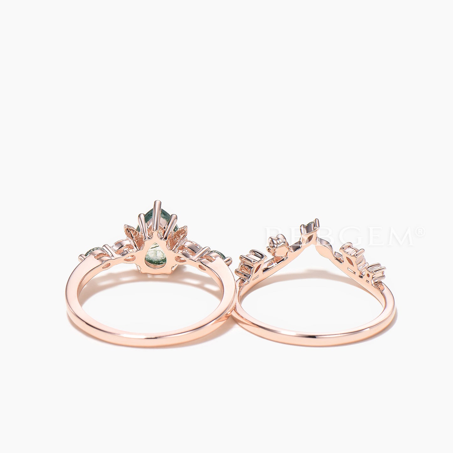 Pear Cut Moss Agate Leaf Wedding Ring Moissanite Nature Inspired Bridal Set