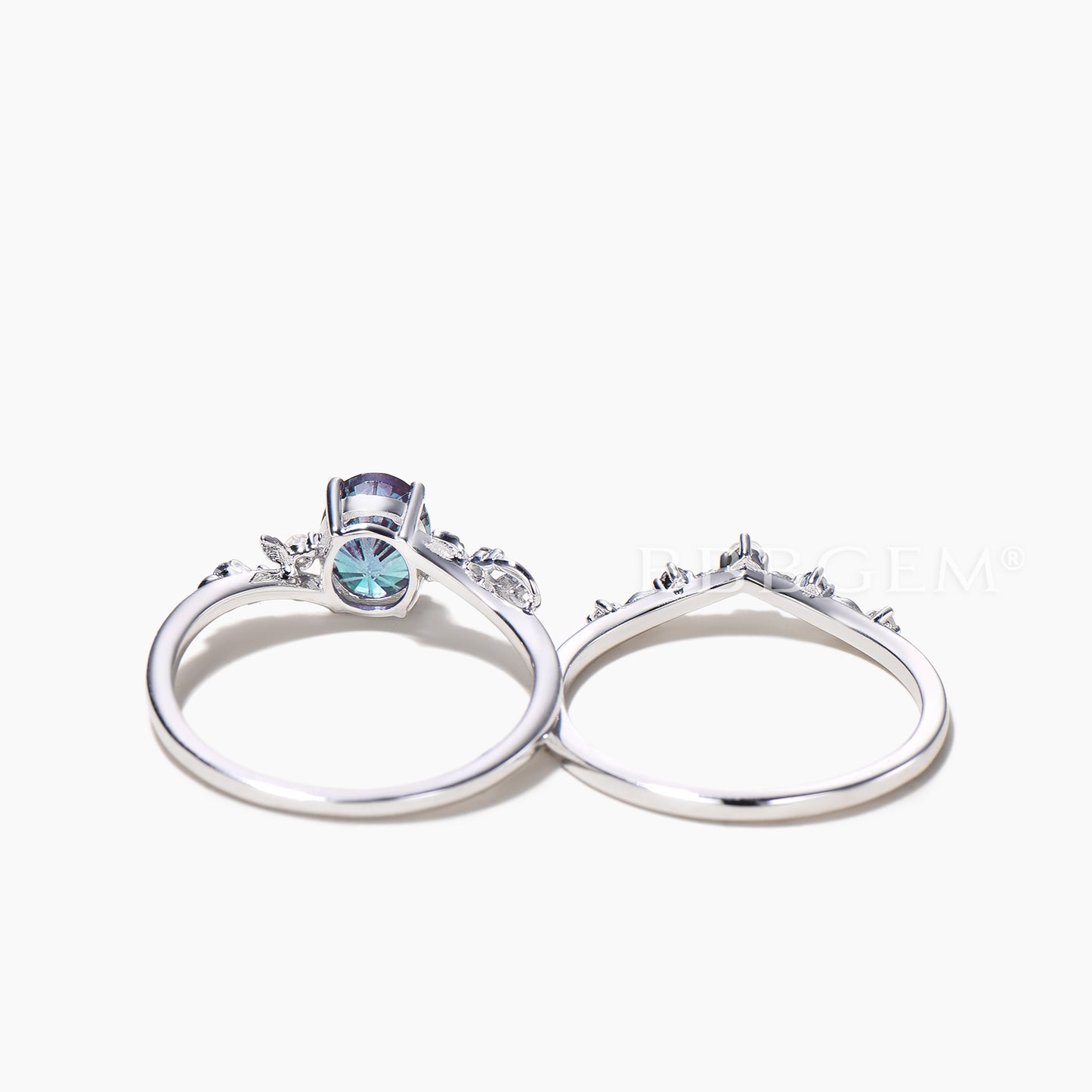 Oval Cut Color-change Alexandrite Wedding Ring Moonstone Leaf Inspired Ring Set