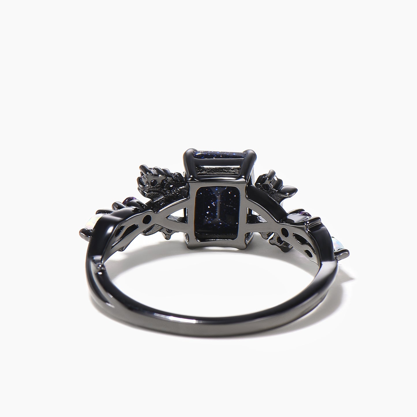 2ct Emerald Cut Blue Sandstone Moon Vine Ring Amethyst Opal Black Gold Wedding Ring