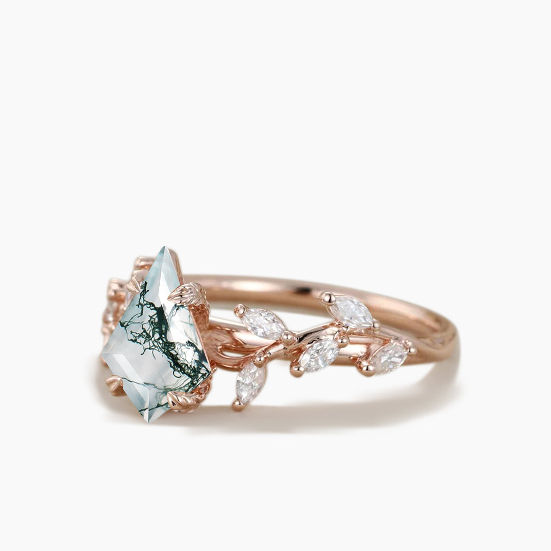 Twig Vine Natural Moss Agate Kite Engagement Ring 14K Rose Gold Wedding Ring