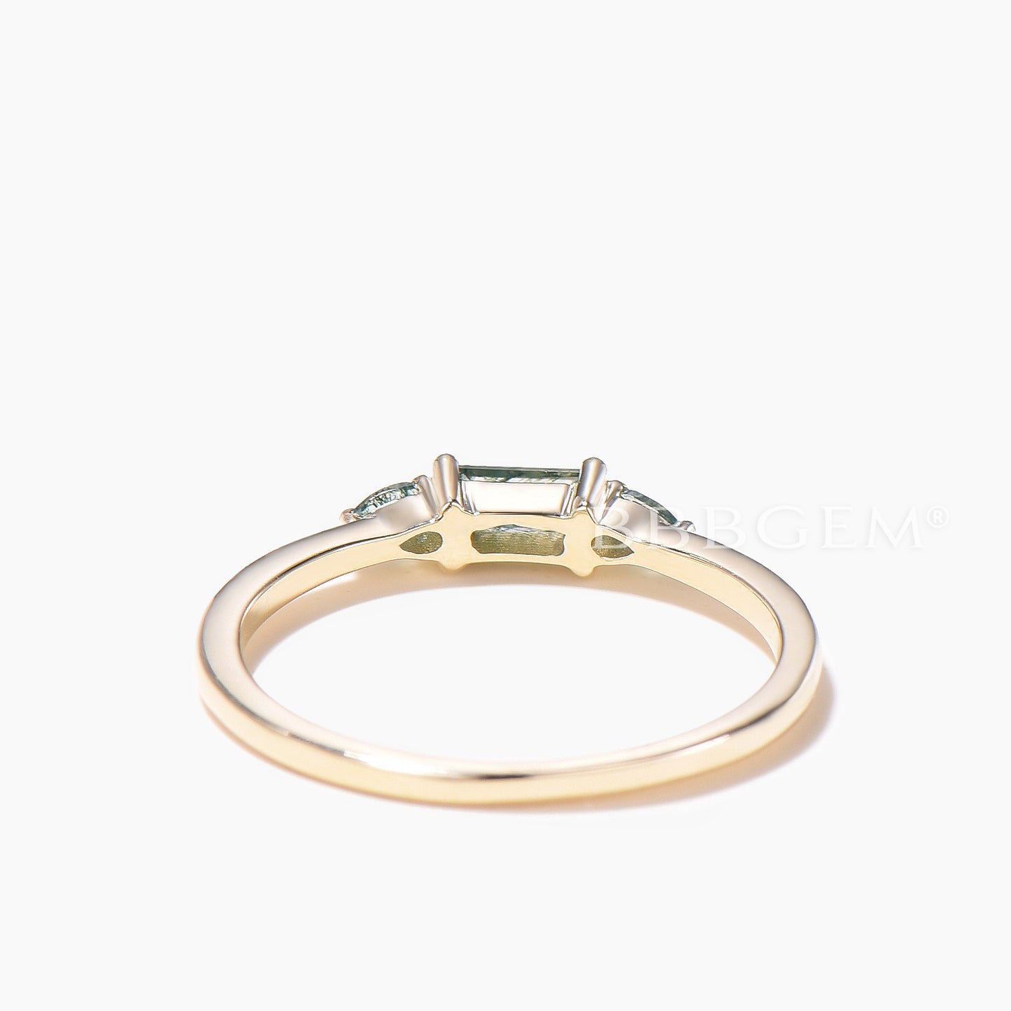 Baguette Cut Natural Moss Agate Engagement Ring Green Agate Three Stone Ring