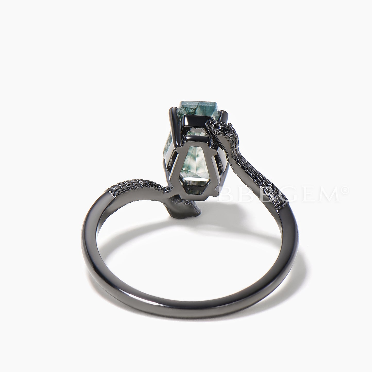Coffin Cut Natural Moss Agate Engagement Ring Double Snake Three Stone Ring