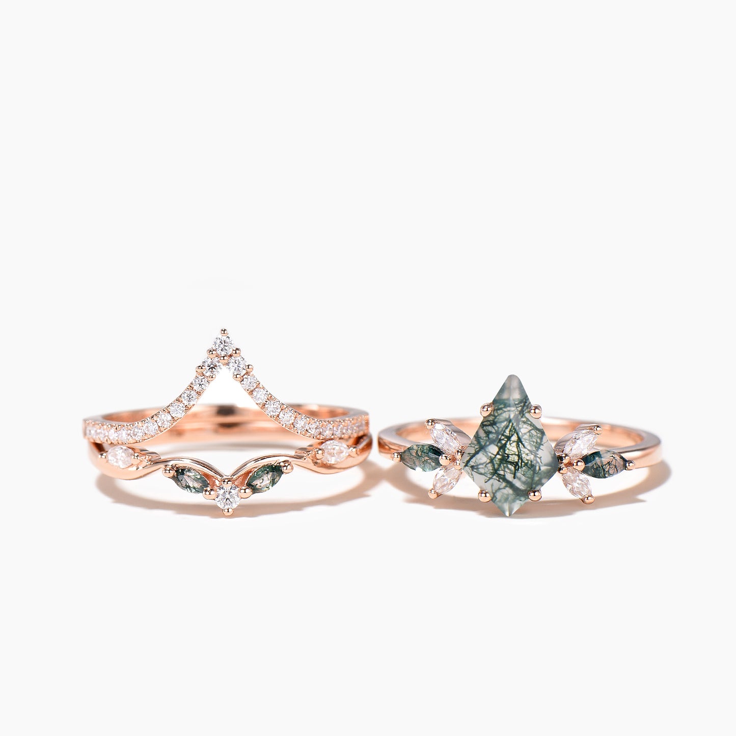 3PC Kite Cut Natural Moss Agate Engagement Ring Diamond Wedding Bridal Set