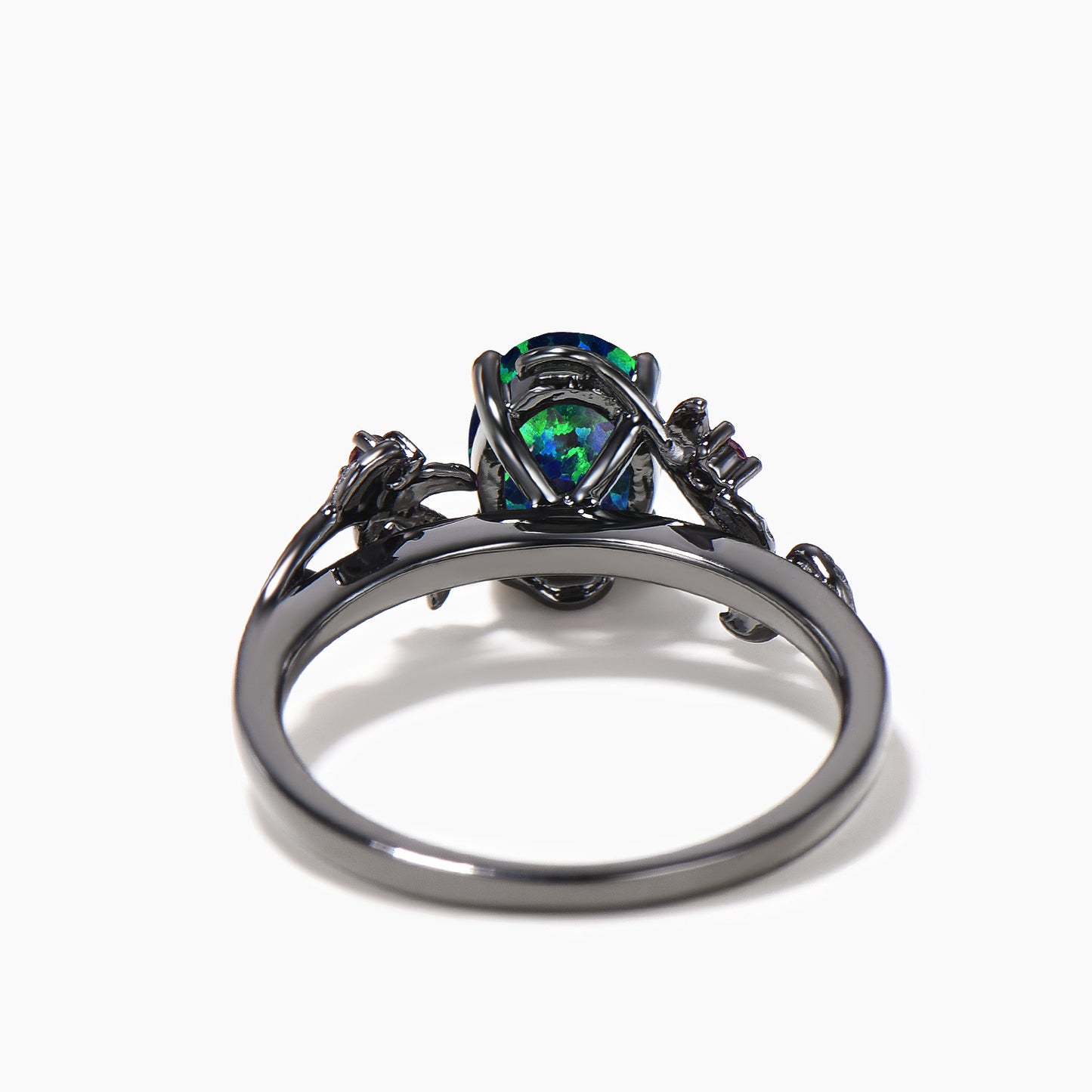 Oval Cut Black Opal Nature Inspired Engagement Ring Ruby Leaf Black Gold Ring