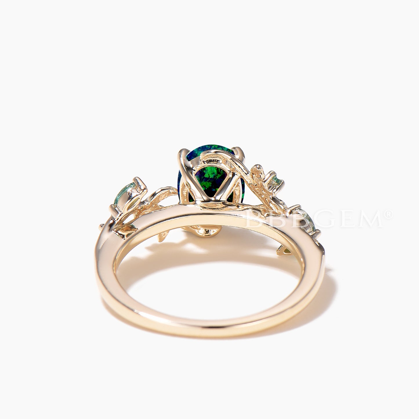 1.5CT Oval Cut Black Opal Engagement Ring Moss Agate Emerald Leaf Yellow Gold Ring