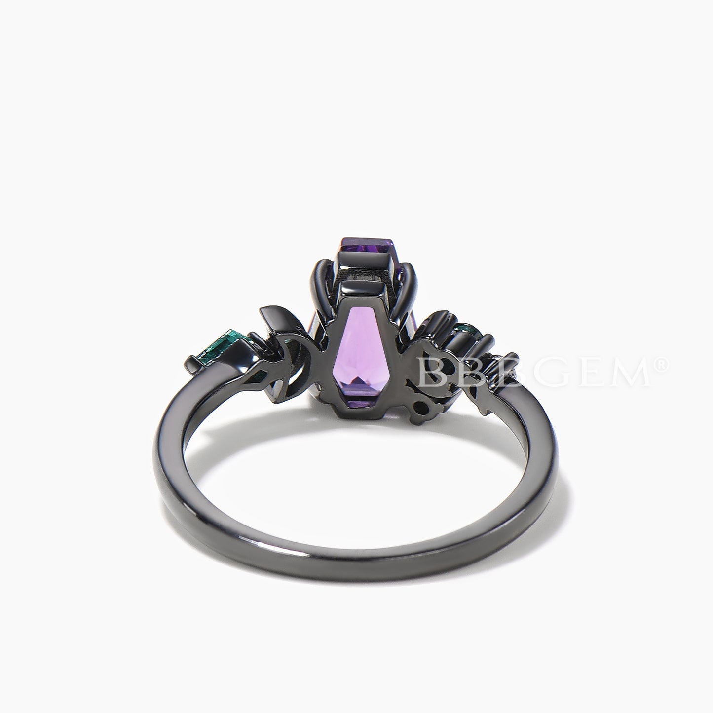 Coffin Natural Amethyst Moon Engagement Ring Emerald Cluster Celestial Ring