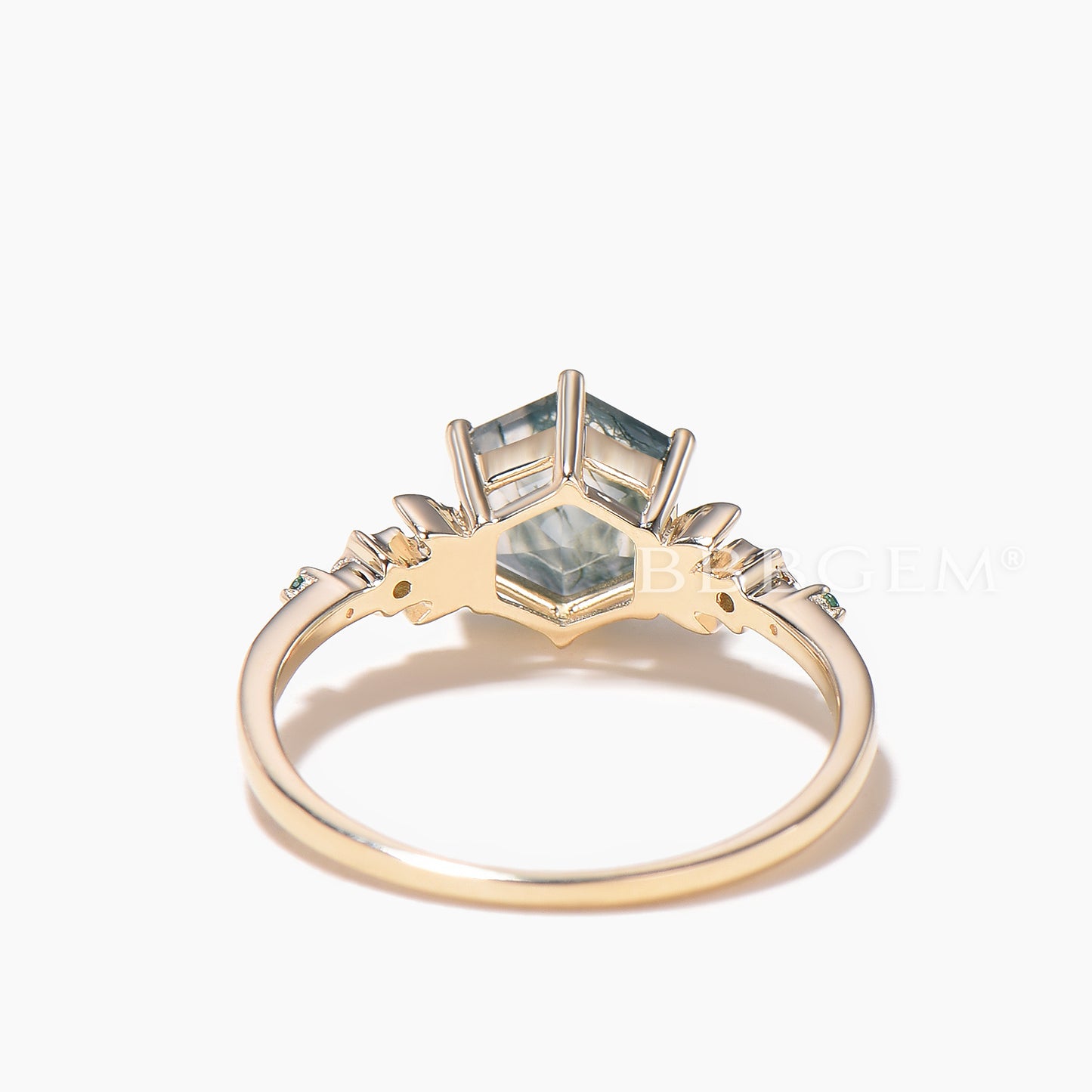 Hexagon Cut Natural Moss Agate Moon Engagement Ring Emerald Celestial Ring